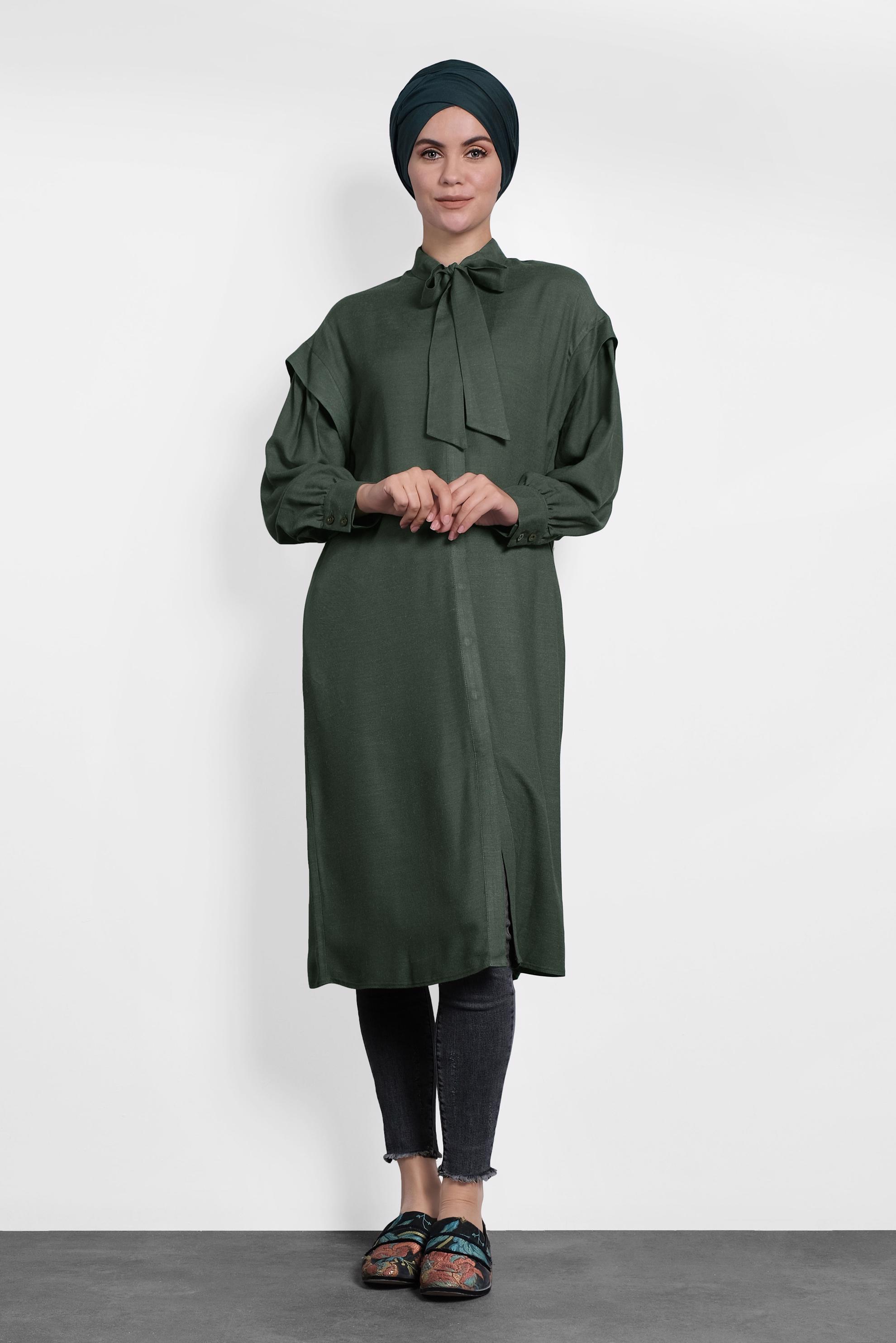 Tesettür giyim YEŞİL YAKASI BAĞLI TUNİK 40114
