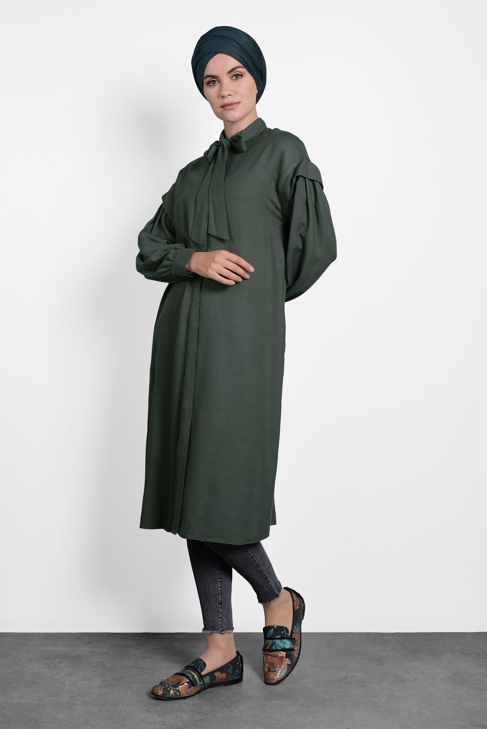 Tesettür giyim YEŞİL YAKASI BAĞLI TUNİK 40114