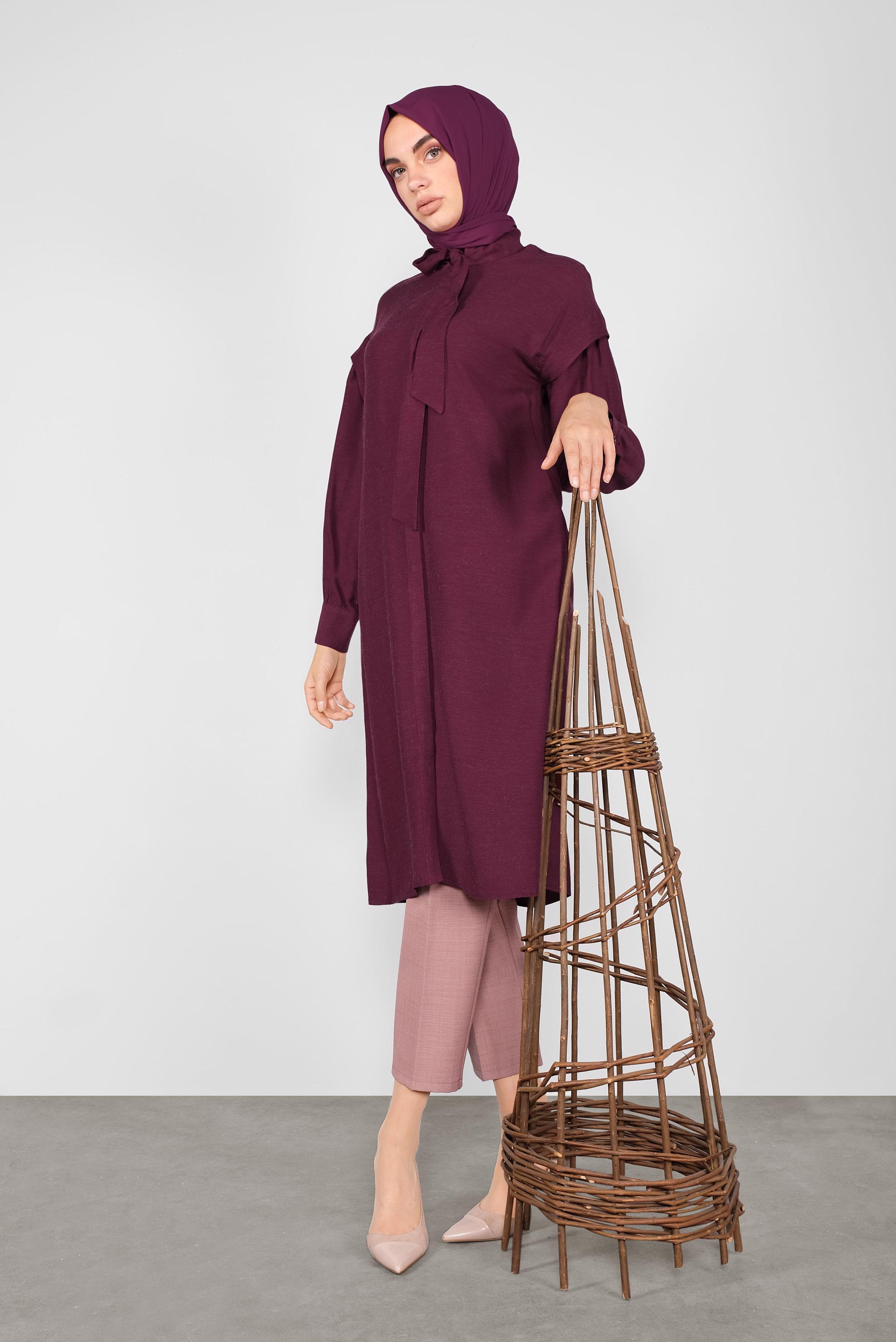 Tesettür giyim BORDO YAKASI BAĞLI TUNİK 40114