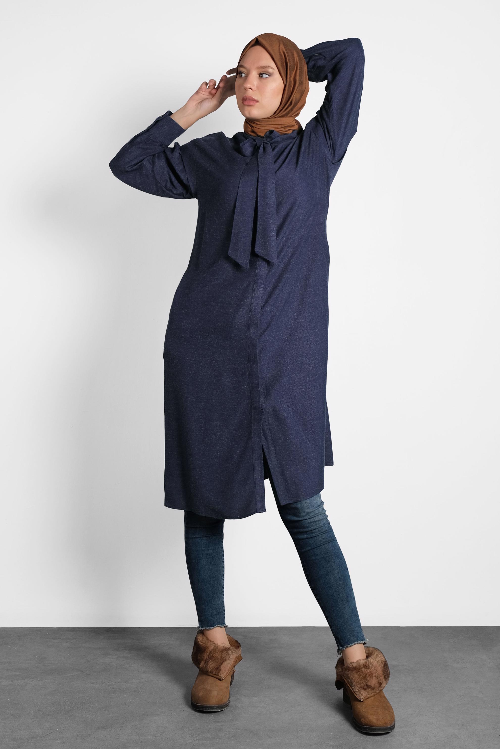 Tesettür giyim LACİVERT YAKASI BAĞLI TUNİK 40114