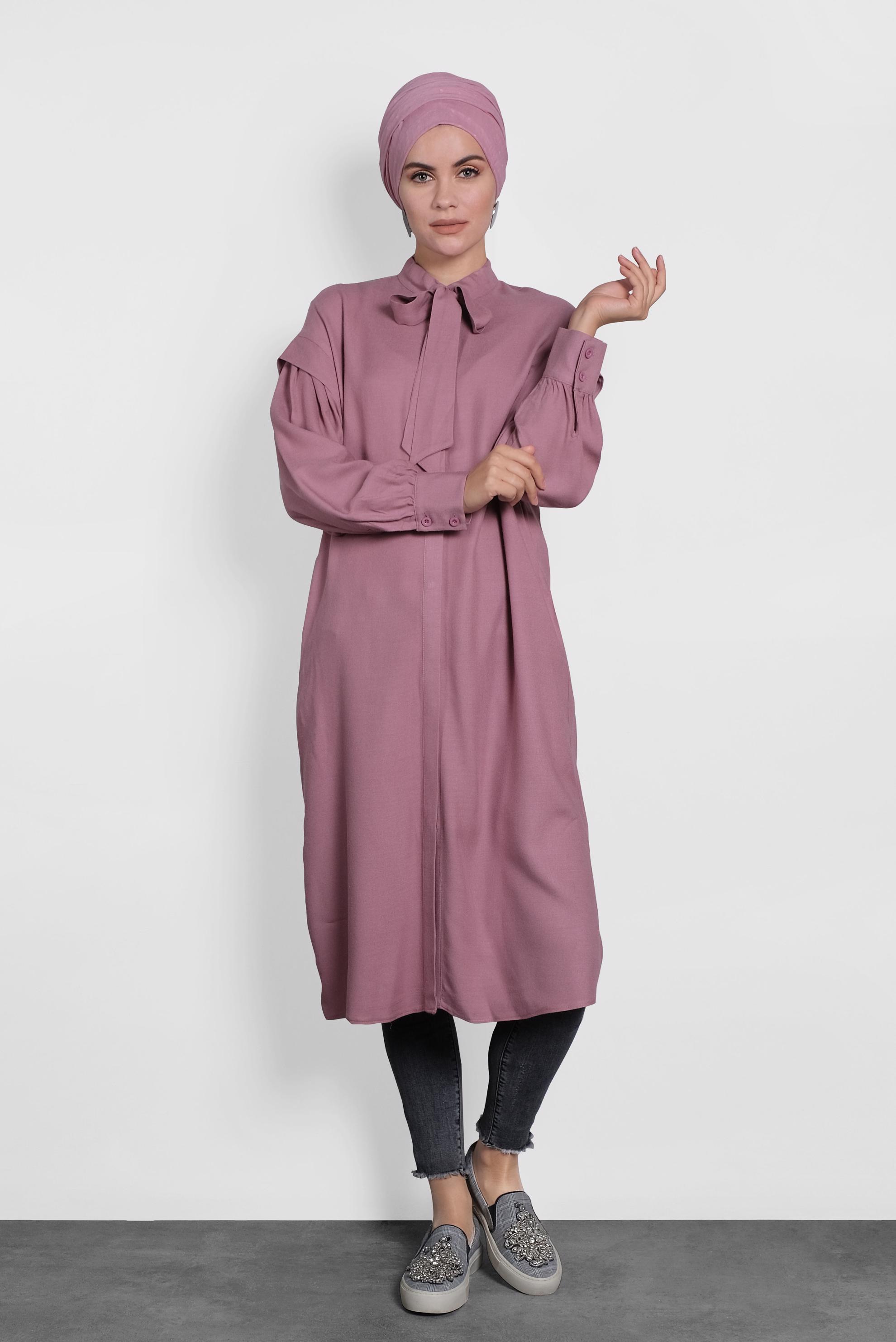 Tesettür giyim PEMBE YAKASI BAĞLI TUNİK 40114