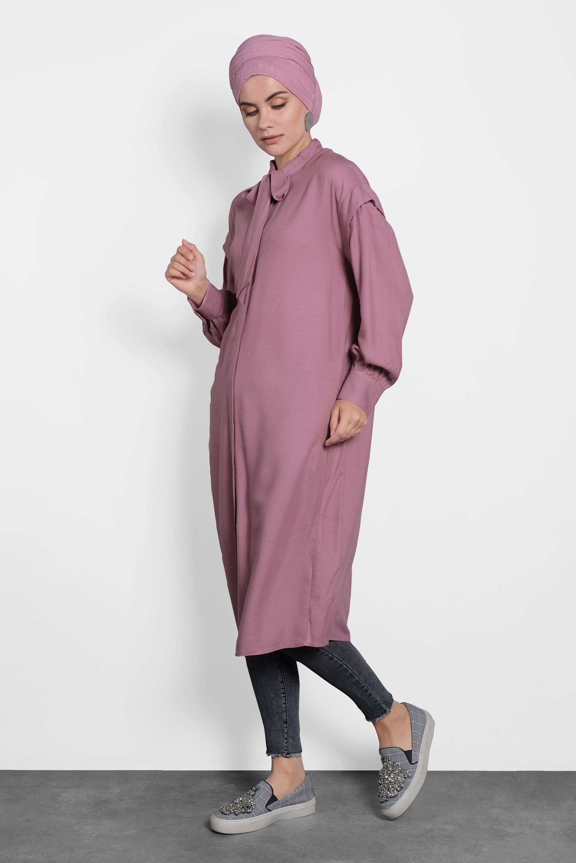 Tesettür giyim PEMBE YAKASI BAĞLI TUNİK 40114