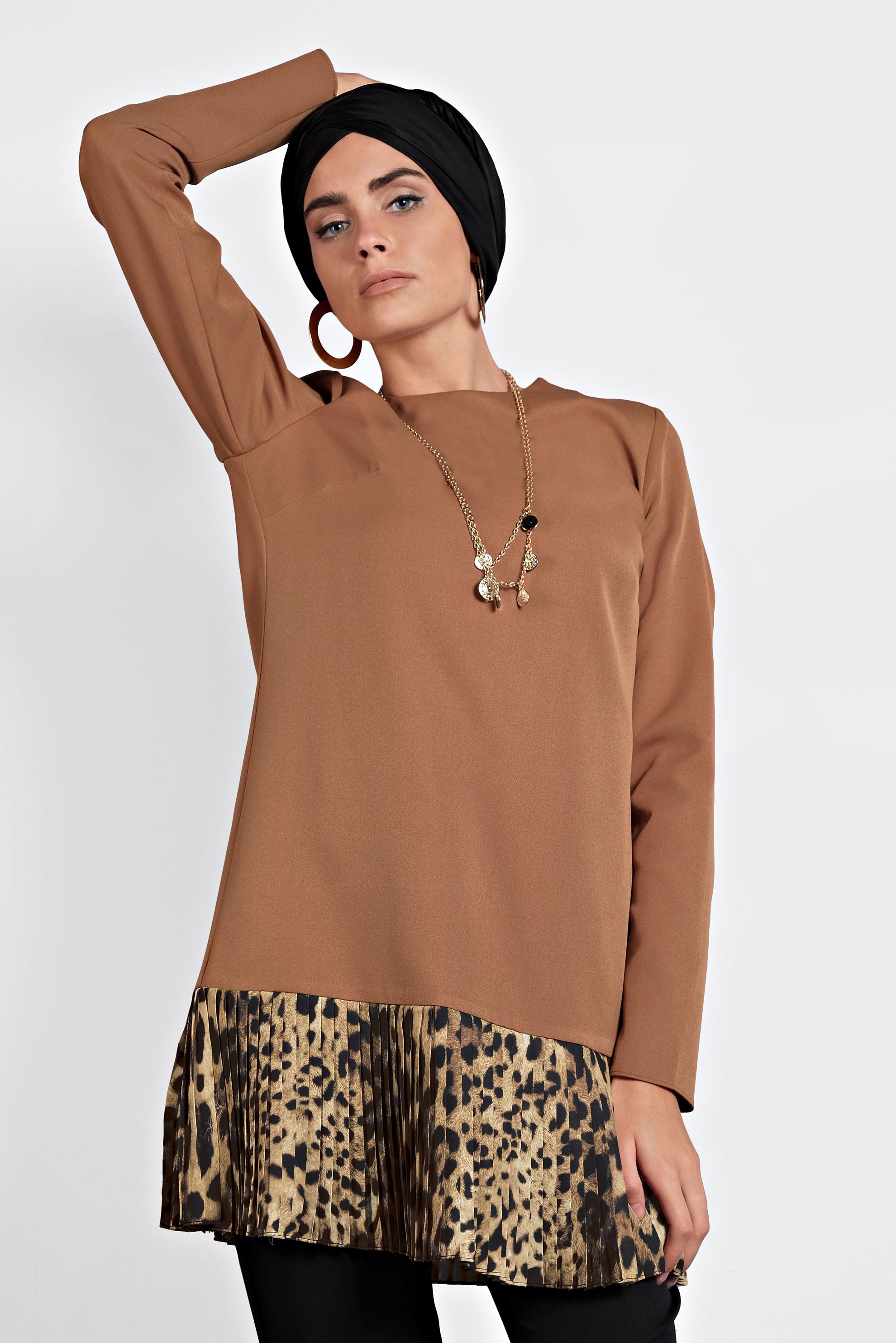 Tesettür giyim TABA ETEK UCU LEOPAR DESENLİ TUNİK 40137