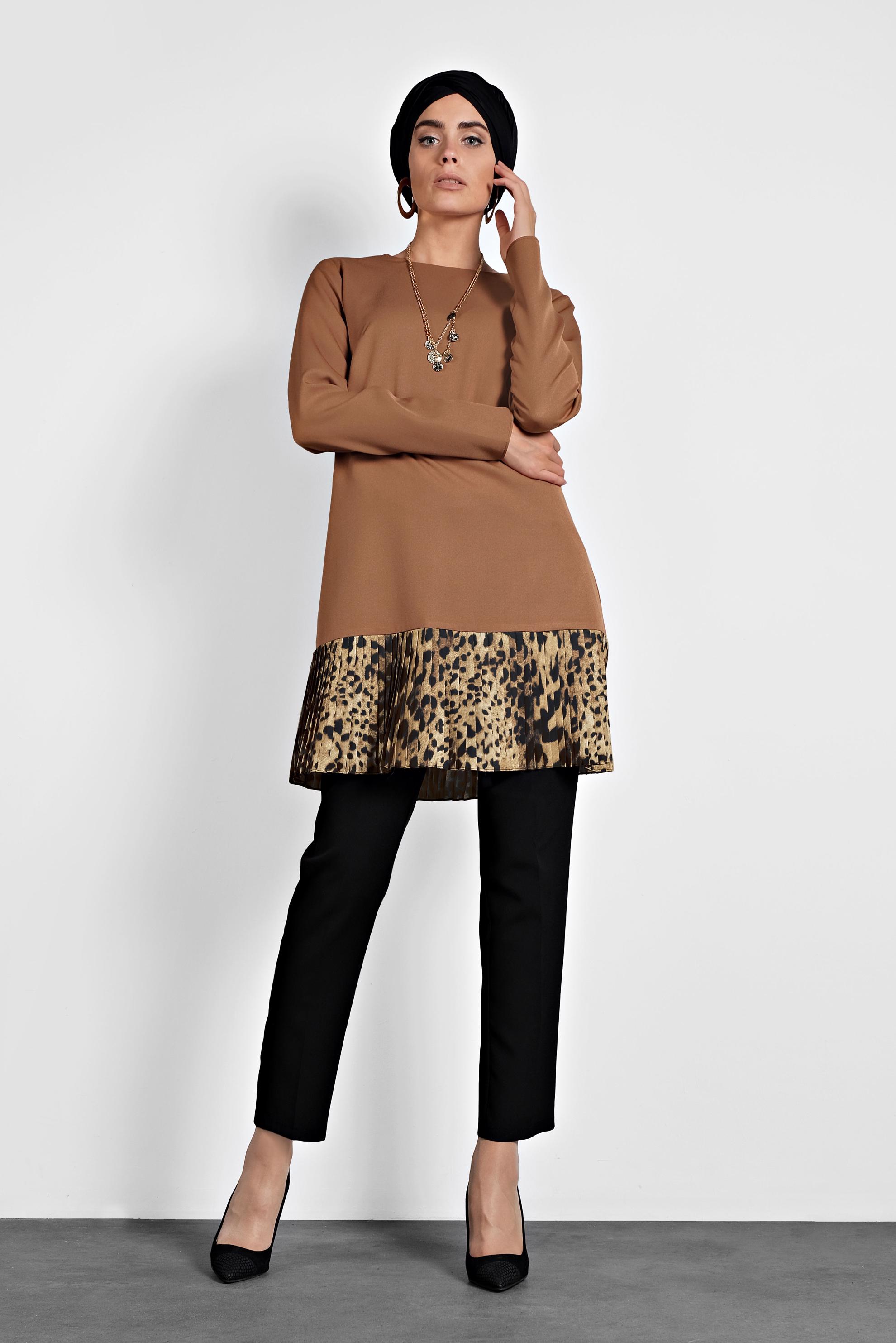 Tesettür giyim TABA ETEK UCU LEOPAR DESENLİ TUNİK 40137