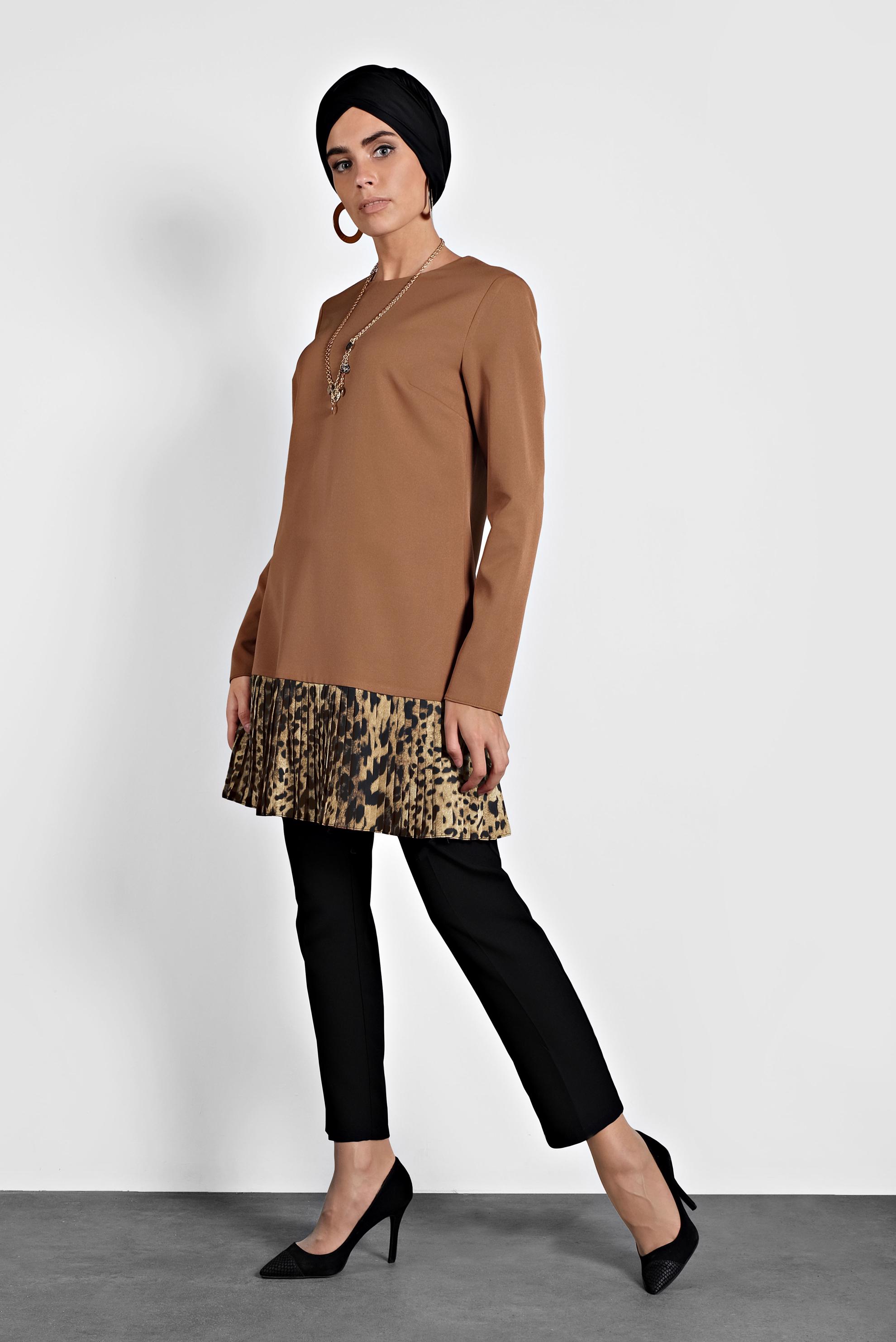 Tesettür giyim TABA ETEK UCU LEOPAR DESENLİ TUNİK 40137