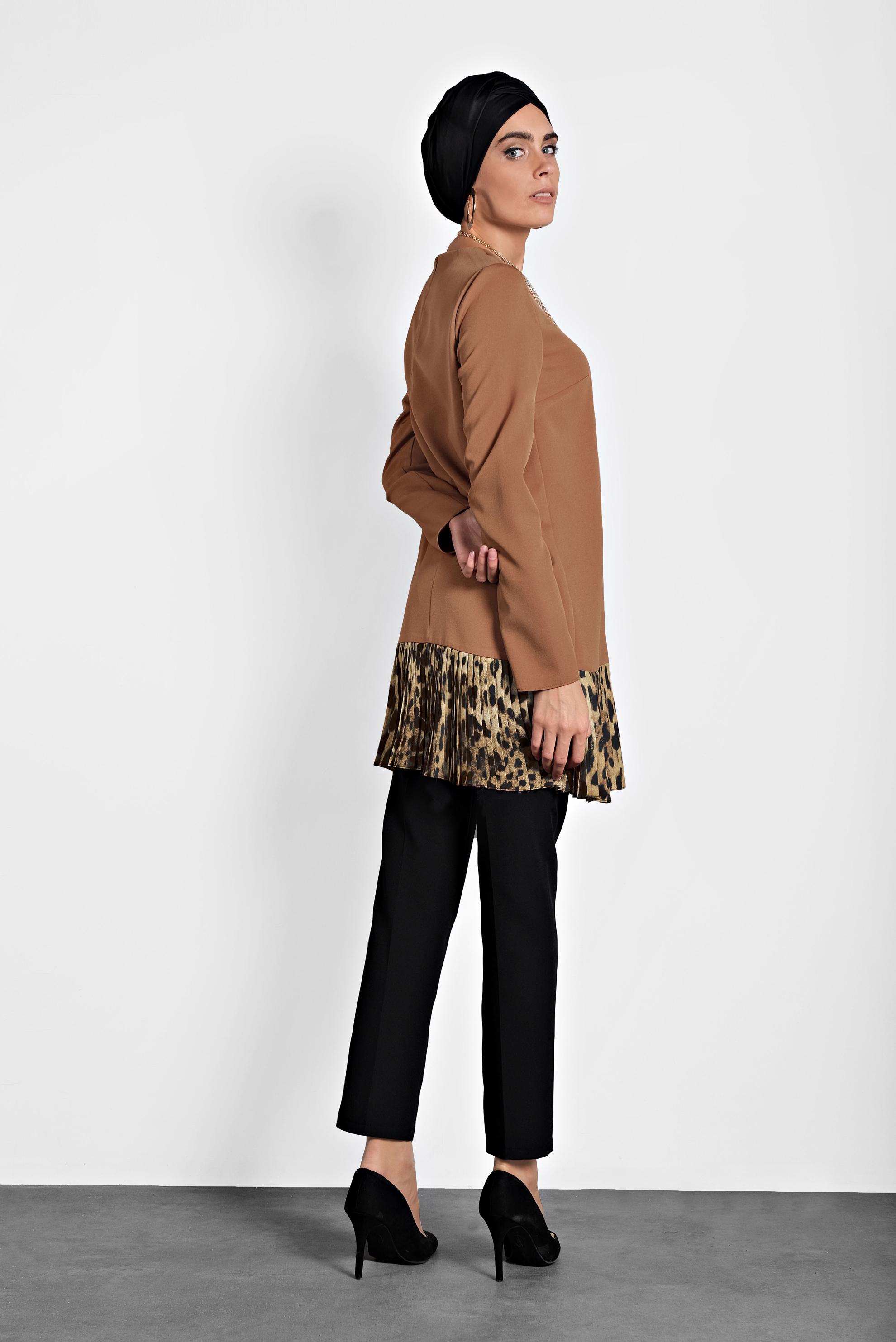 Tesettür giyim TABA ETEK UCU LEOPAR DESENLİ TUNİK 40137