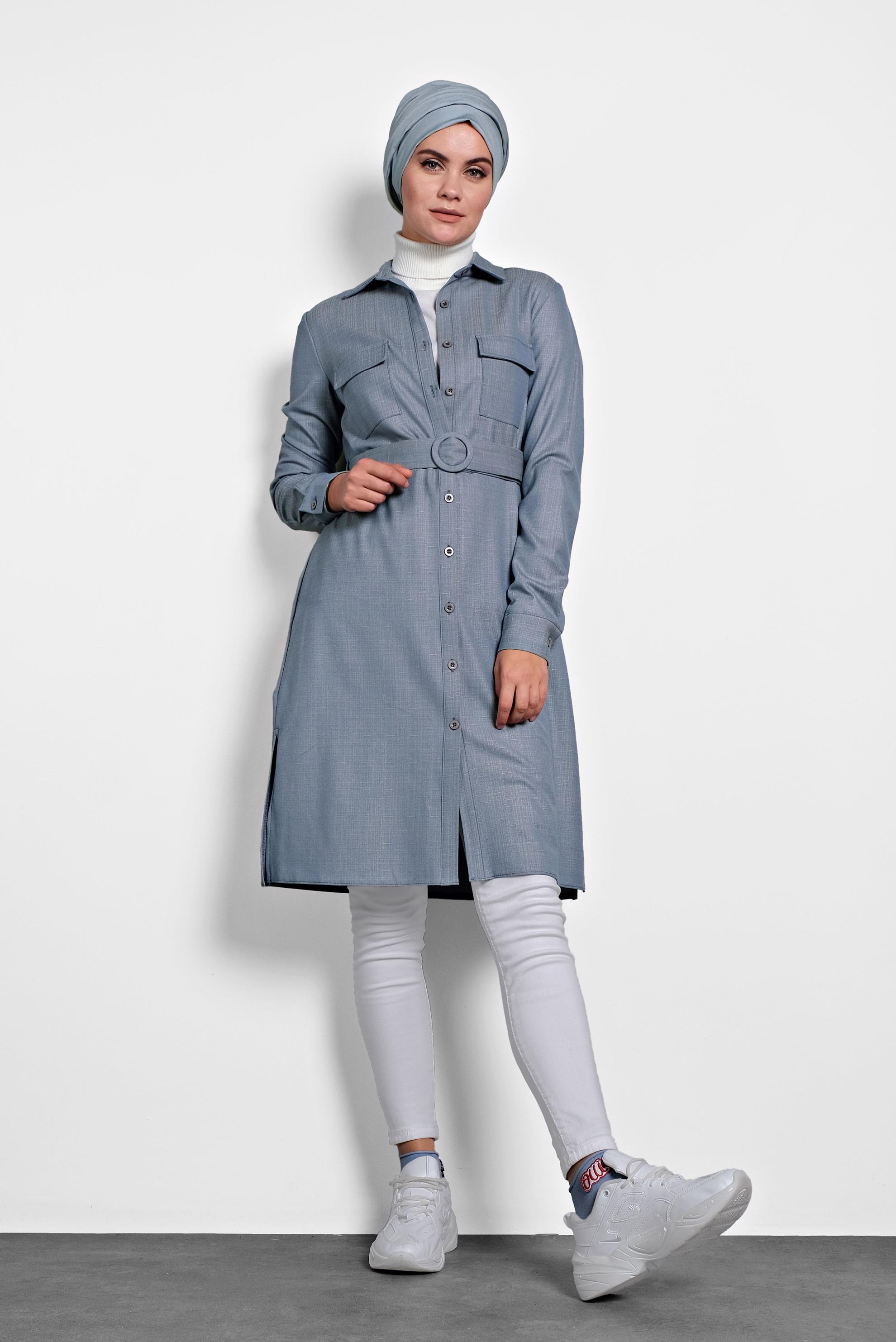 Tesettür giyim MAVİ KEMERLİ TUNİK 40139