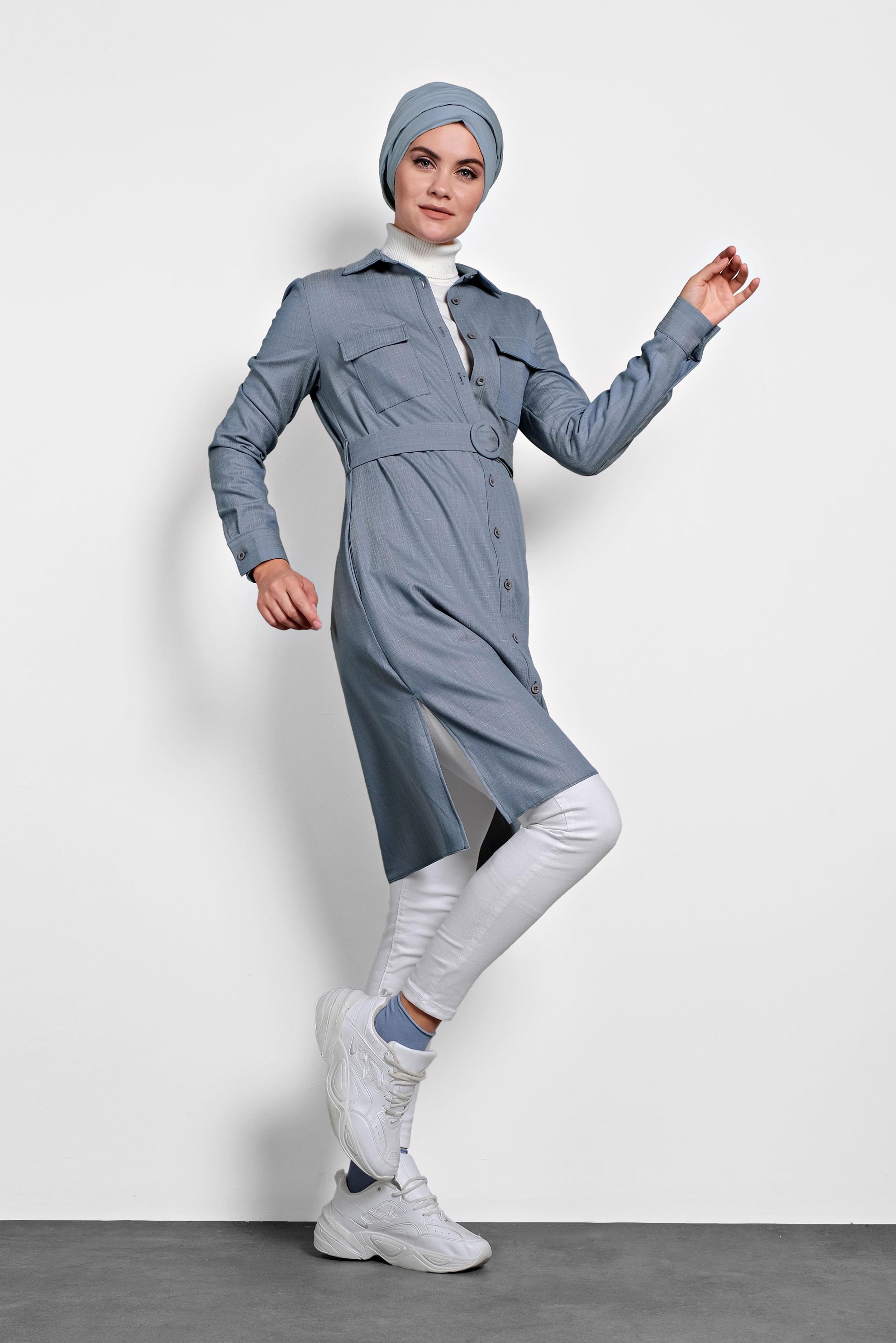 Tesettür giyim MAVİ KEMERLİ TUNİK 40139