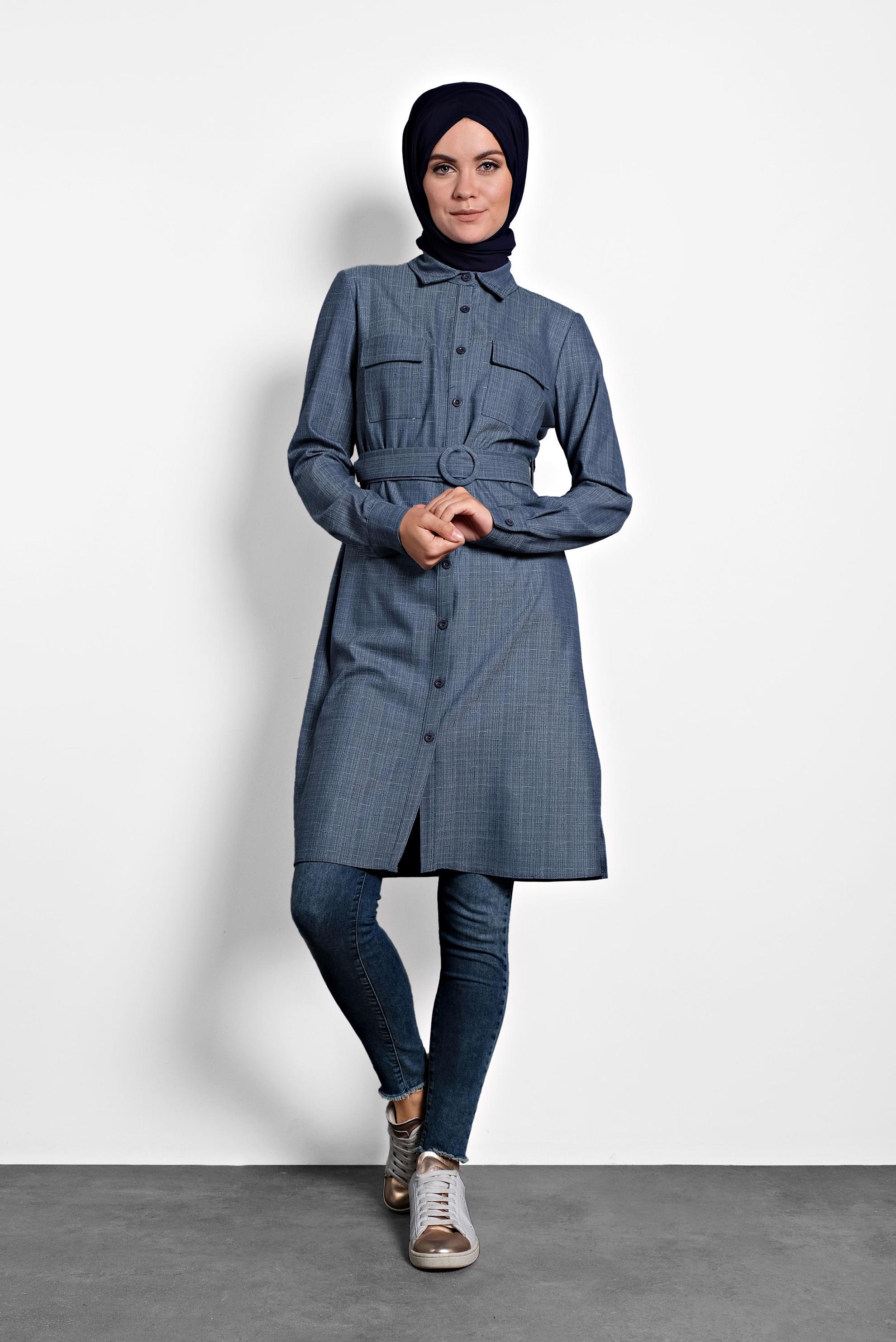 Tesettür giyim LACİVERT KEMERLİ TUNİK 40139