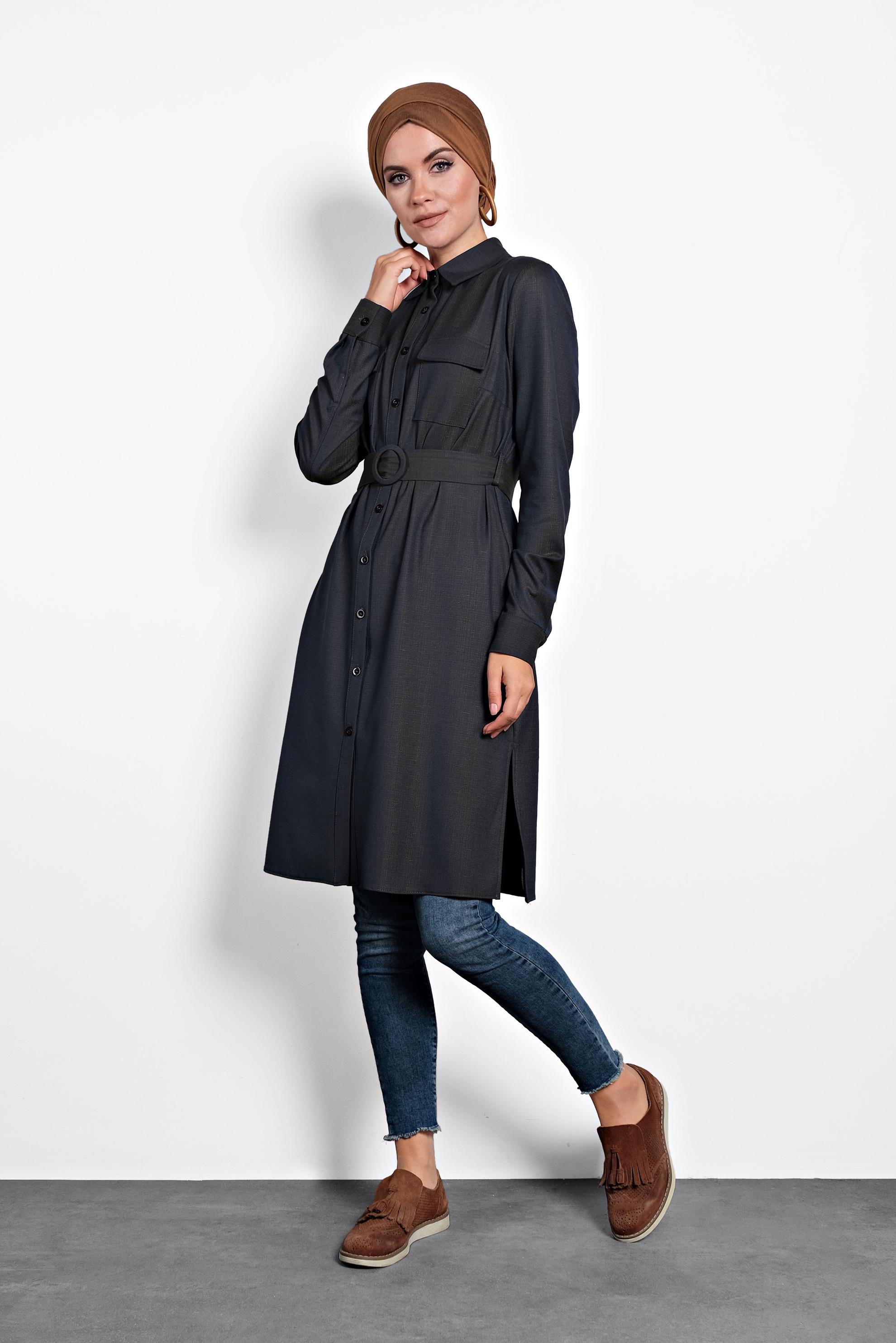 Tesettür giyim LACİVERT KEMERLİ TUNİK 40139