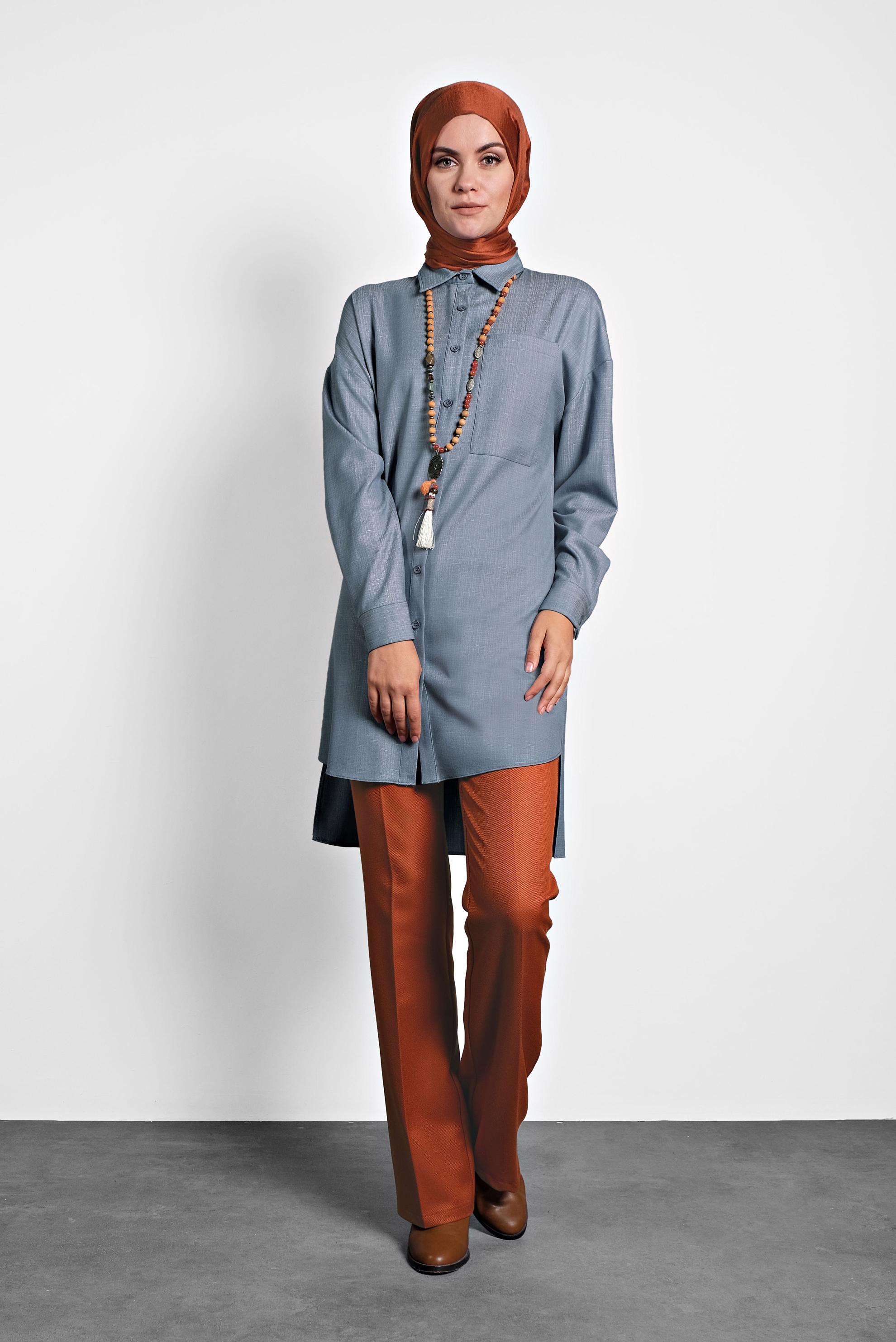 Tesettür giyim MAVİ GÖMLEK YAKA TUNİK 40140