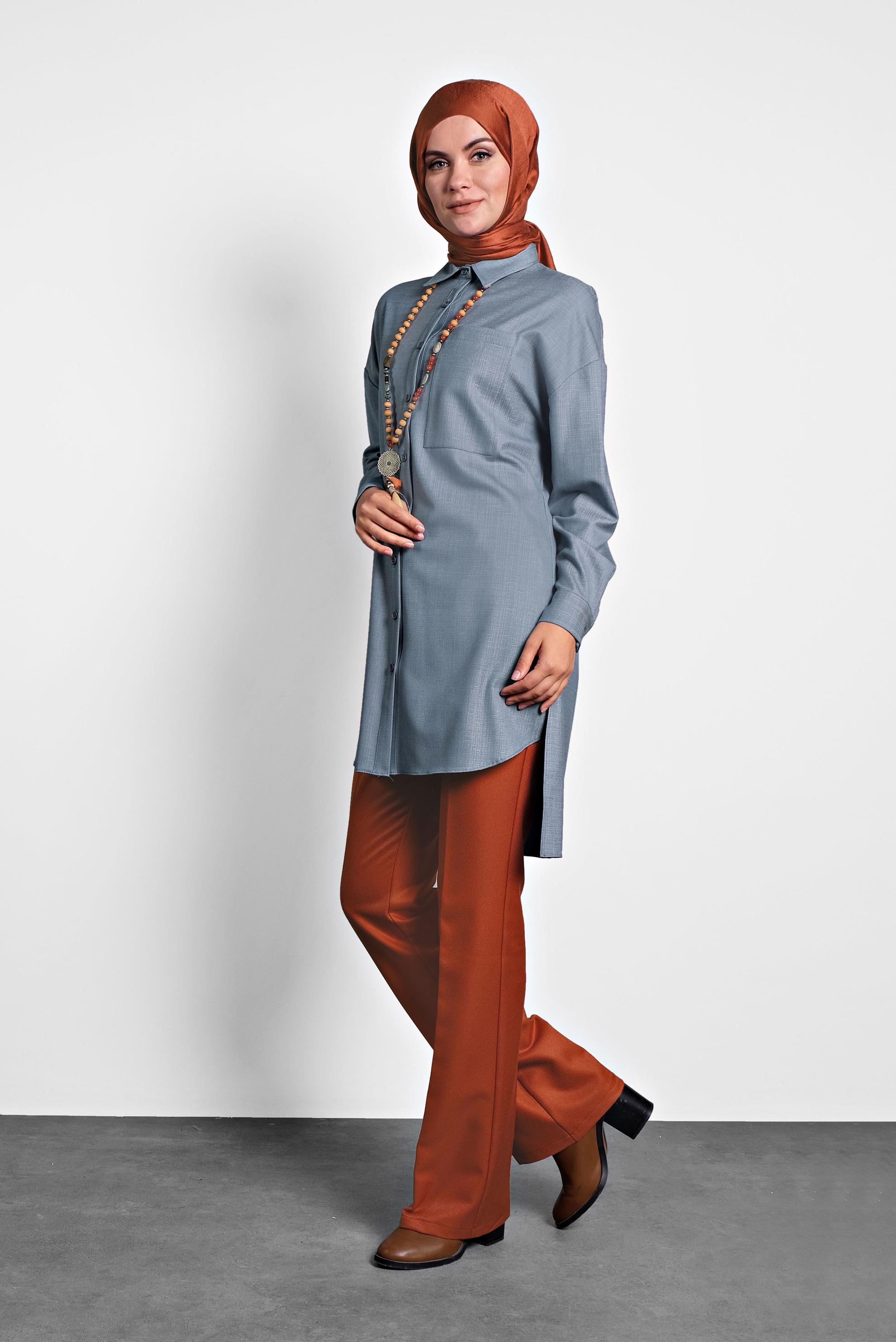 Tesettür giyim MAVİ GÖMLEK YAKA TUNİK 40140