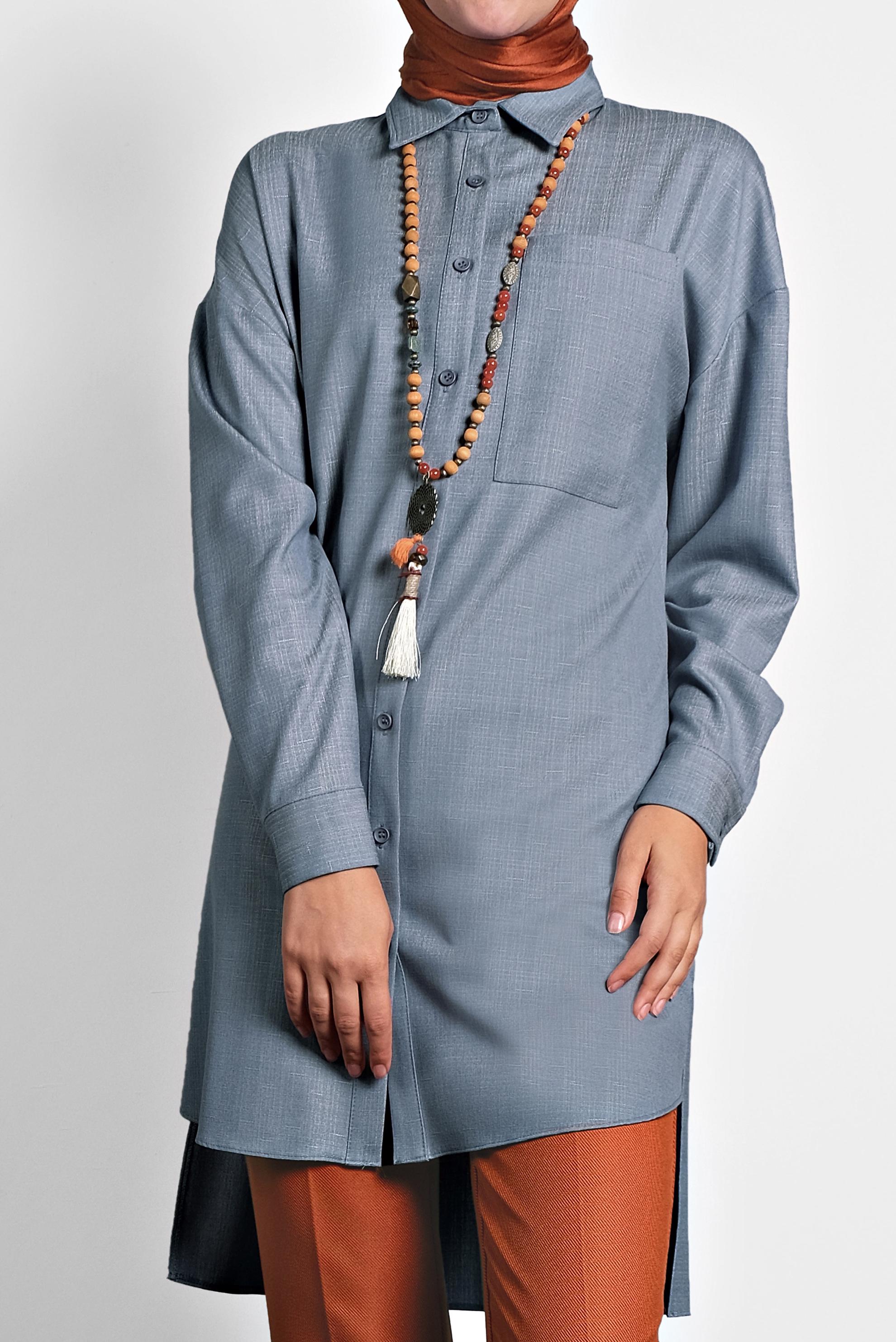 Tesettür giyim MAVİ GÖMLEK YAKA TUNİK 40140