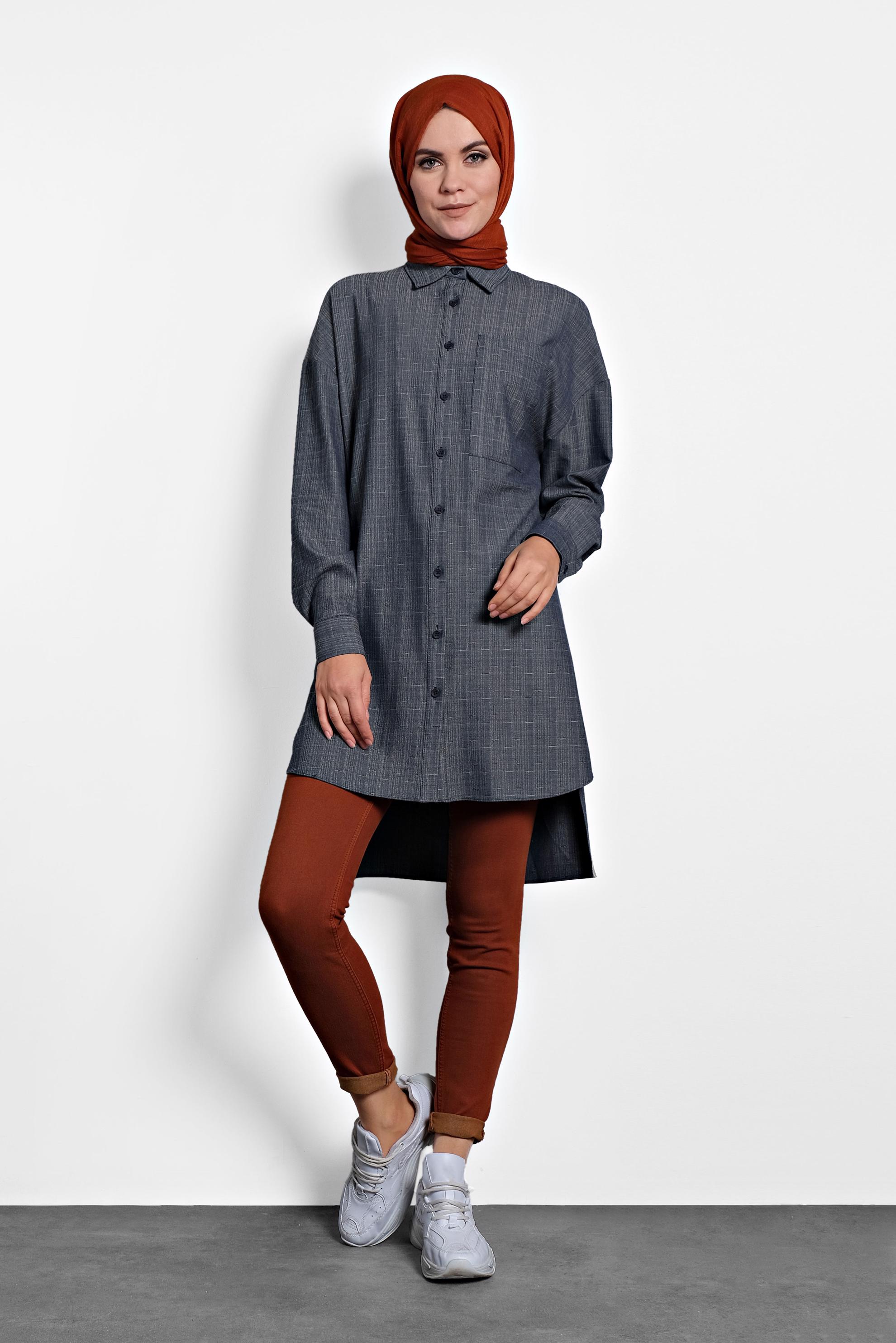 Tesettür giyim LACİVERT GÖMLEK YAKA TUNİK 40140