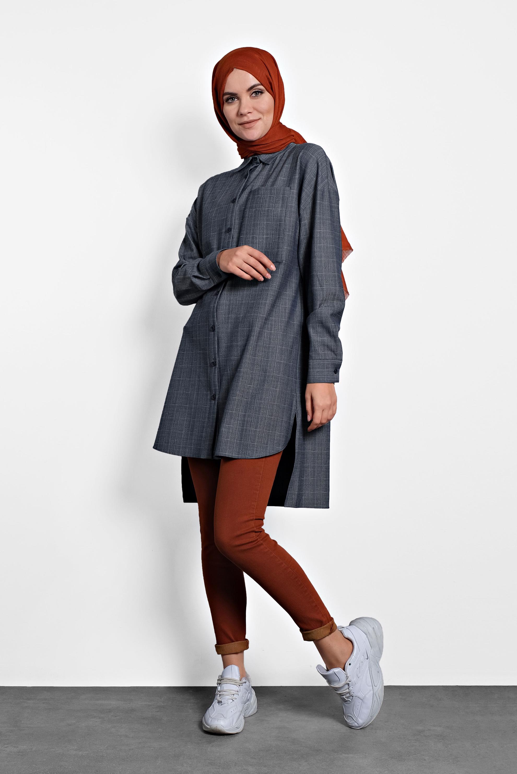 Tesettür giyim LACİVERT GÖMLEK YAKA TUNİK 40140