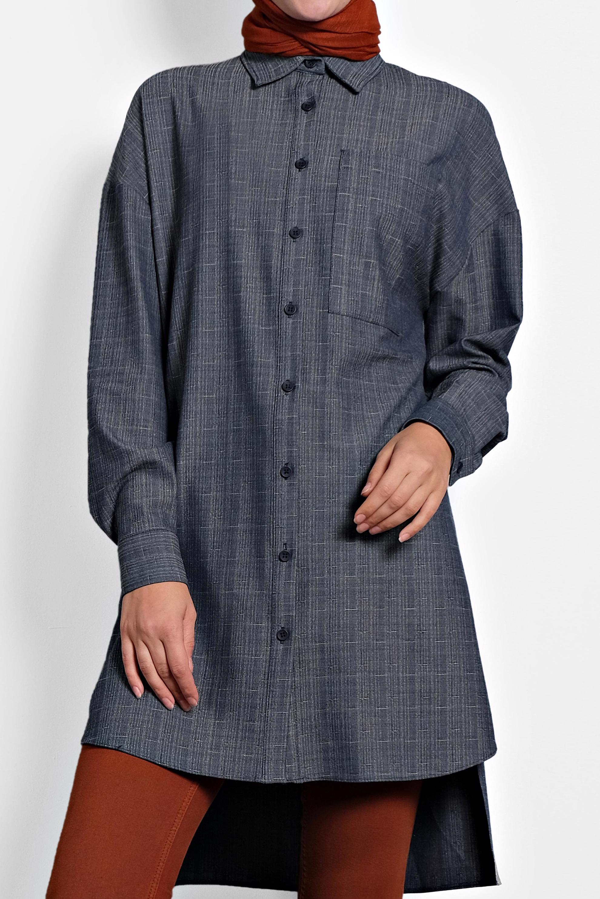 Tesettür giyim LACİVERT GÖMLEK YAKA TUNİK 40140