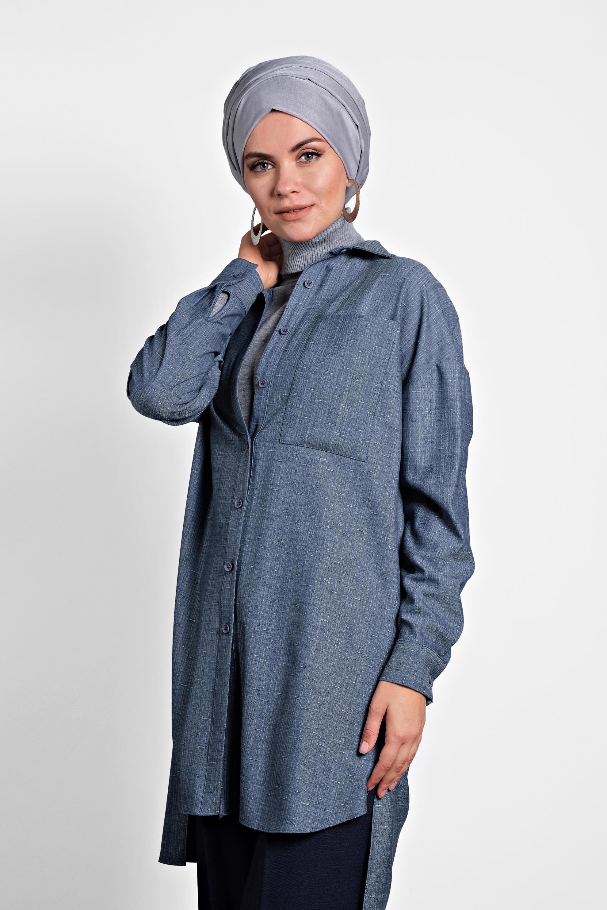 Tesettür giyim LACİVERT GÖMLEK YAKA TUNİK 40140