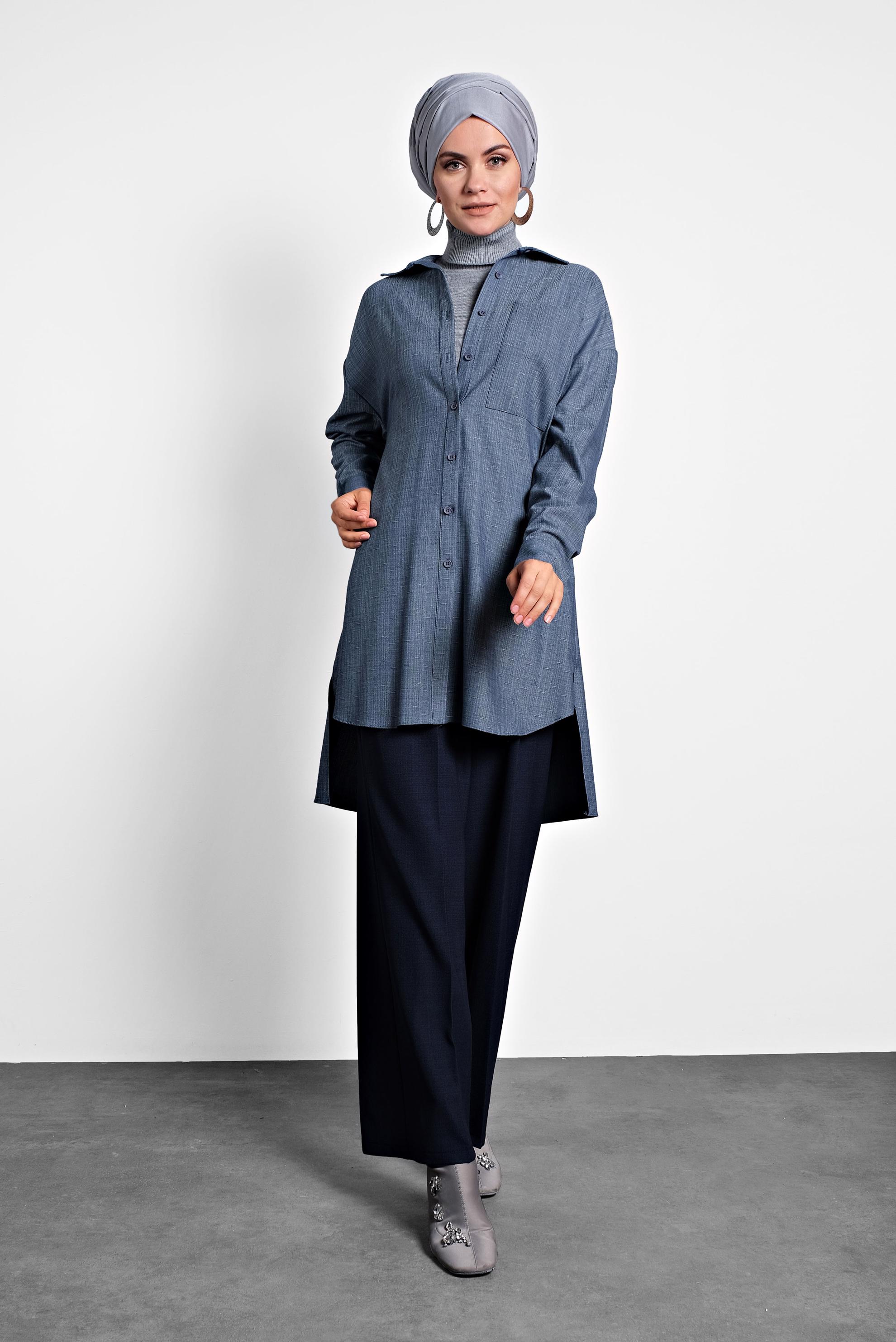 Tesettür giyim LACİVERT GÖMLEK YAKA TUNİK 40140