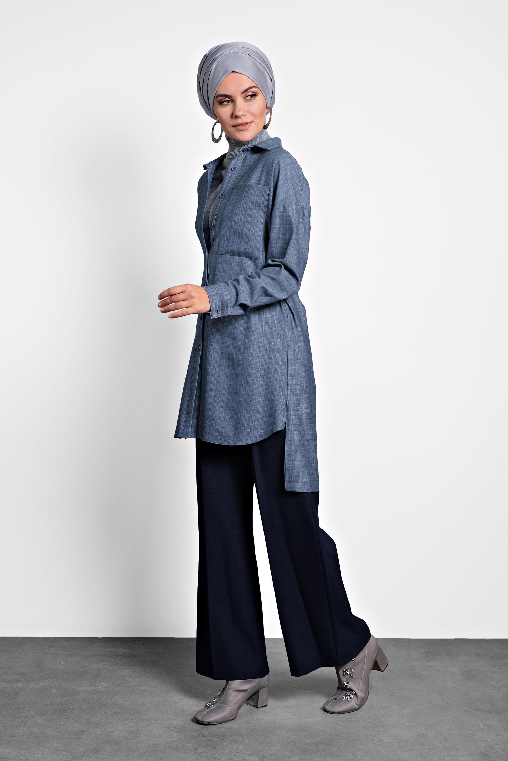 Tesettür giyim LACİVERT GÖMLEK YAKA TUNİK 40140