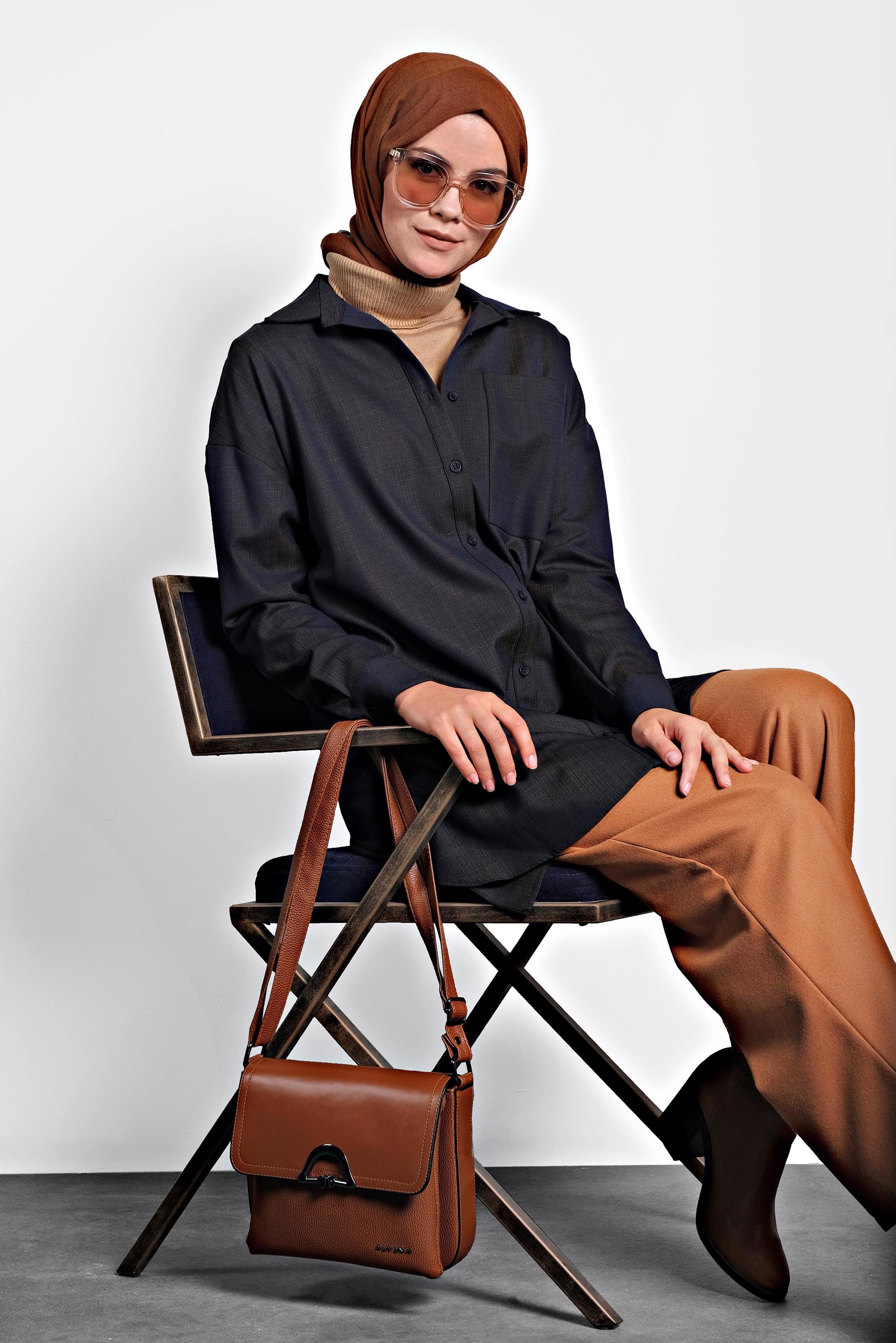 Tesettür giyim MAVİ GÖMLEK YAKA TUNİK 40140