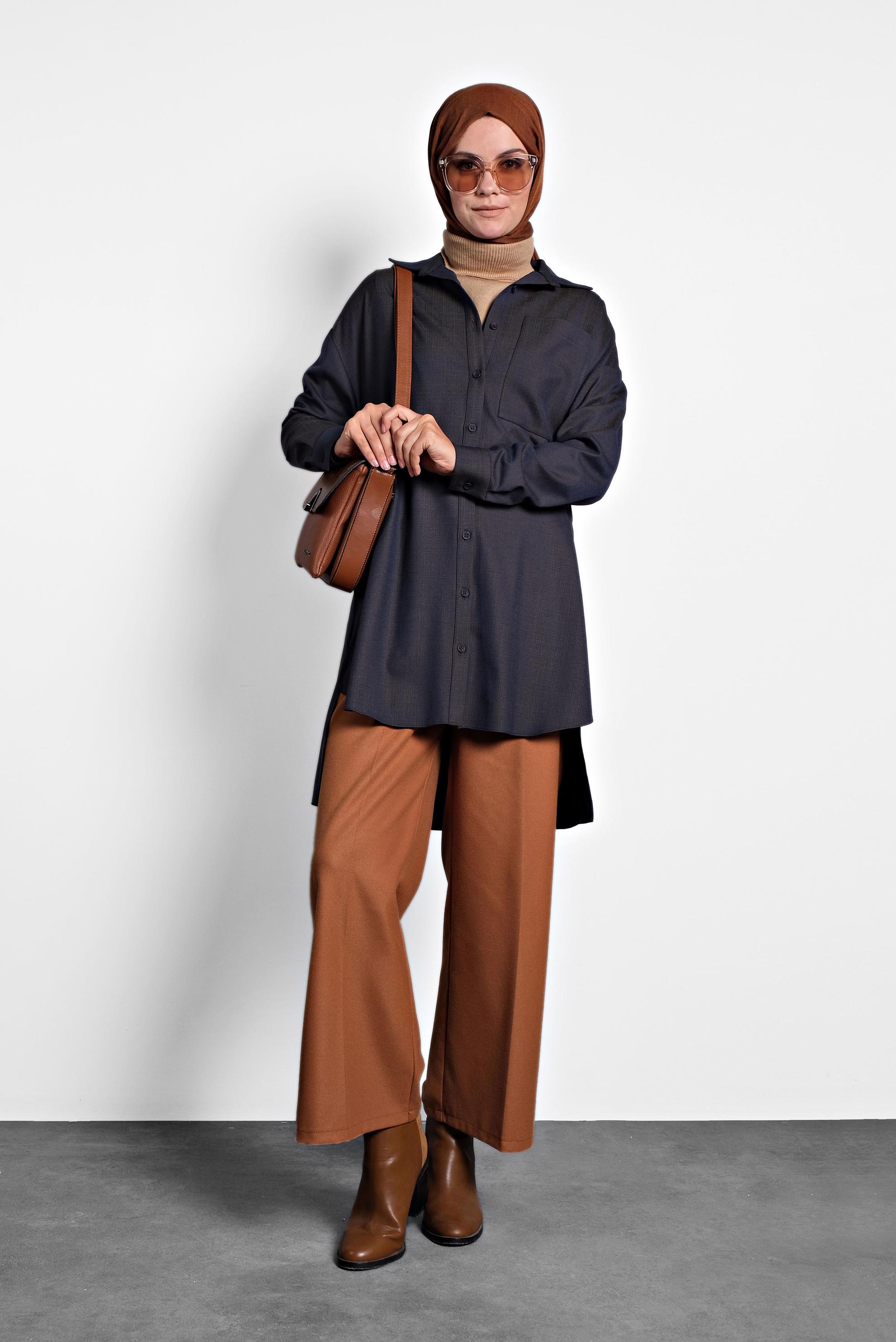 Tesettür giyim MAVİ GÖMLEK YAKA TUNİK 40140