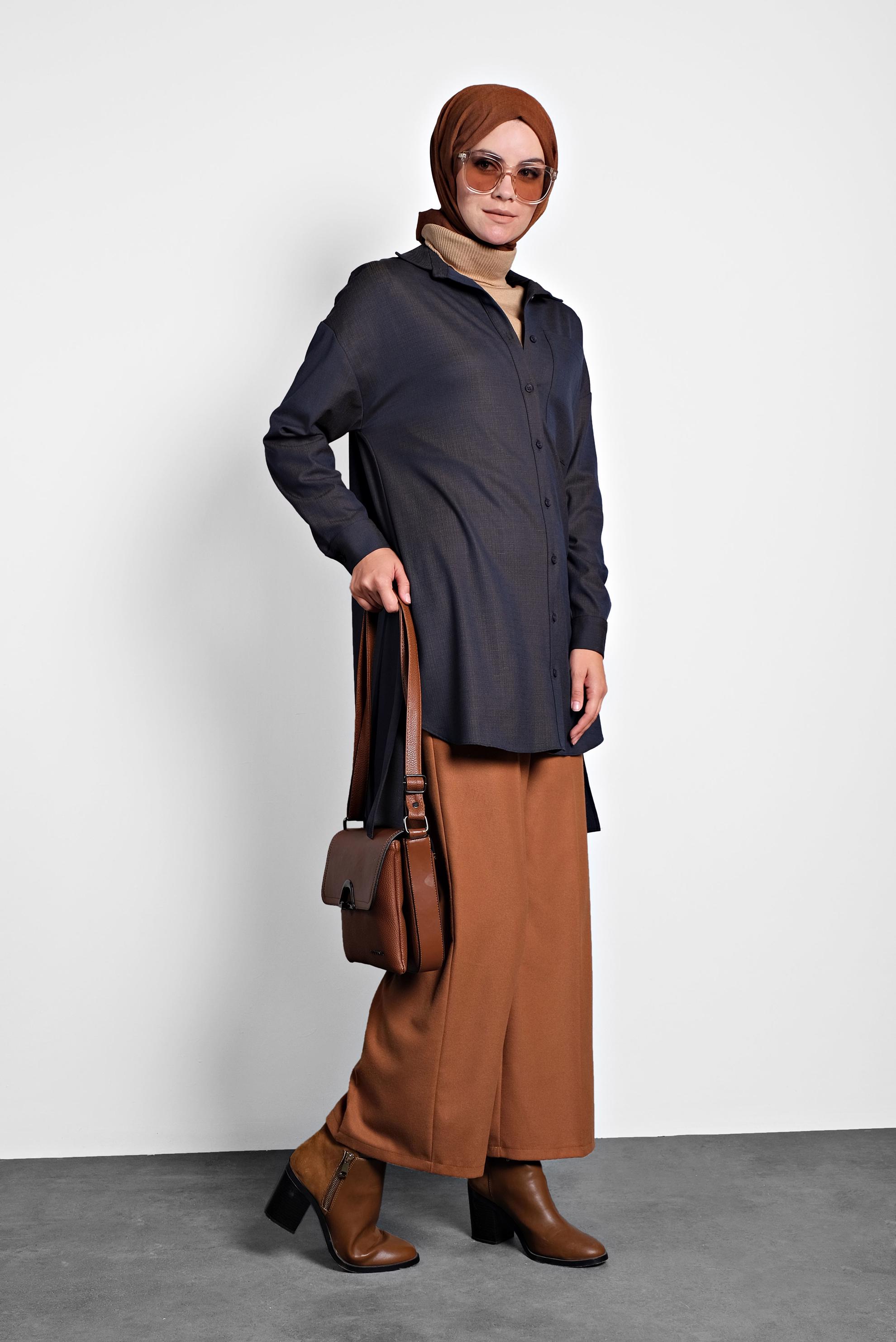 Tesettür giyim MAVİ GÖMLEK YAKA TUNİK 40140