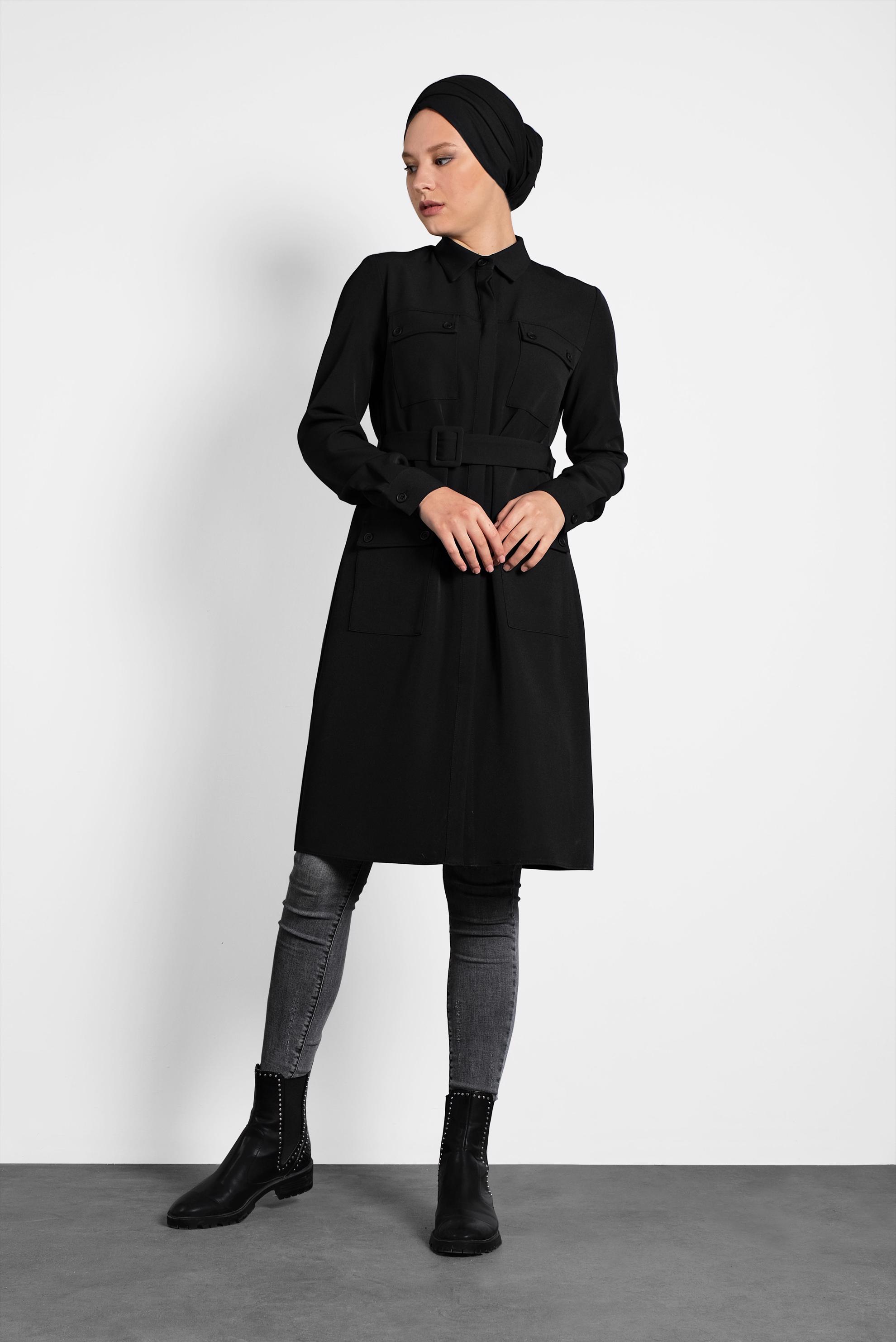 Tesettür giyim SİYAH KEMERLİ CEPLİ TUNİK 40141 