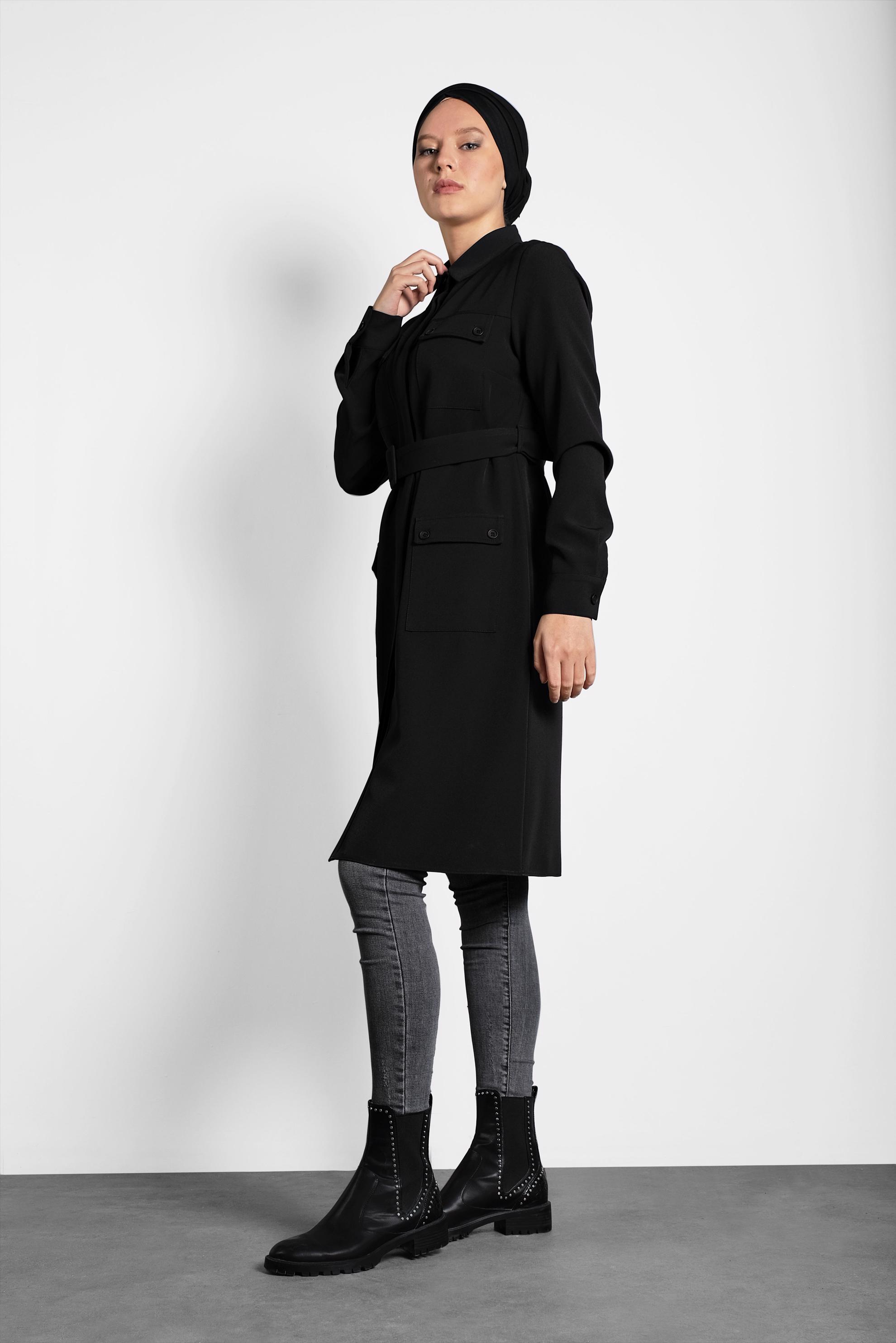 Tesettür giyim SİYAH KEMERLİ CEPLİ TUNİK 40141 