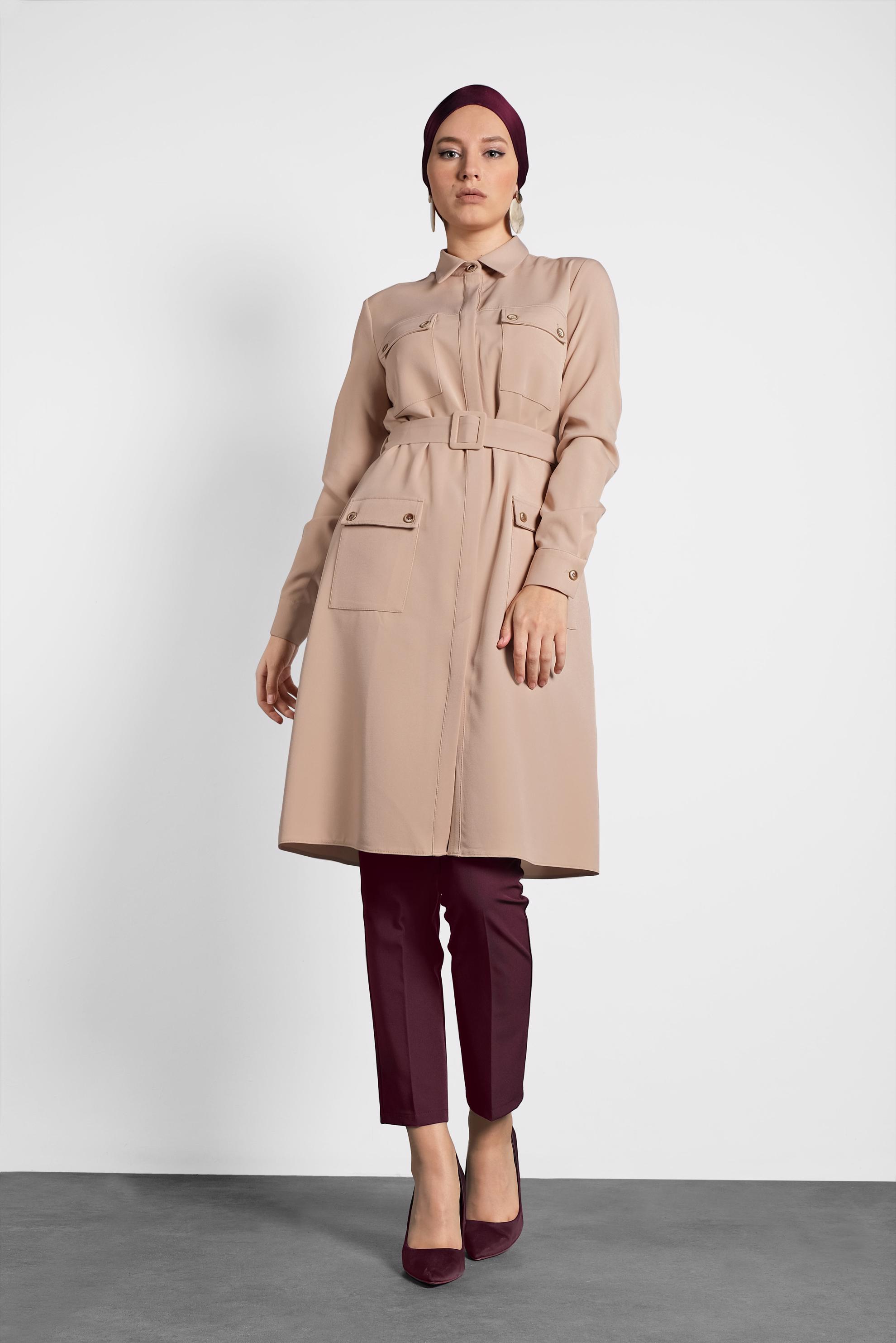 Tesettür giyim BEJ KEMERLİ CEPLİ TUNİK 40141 