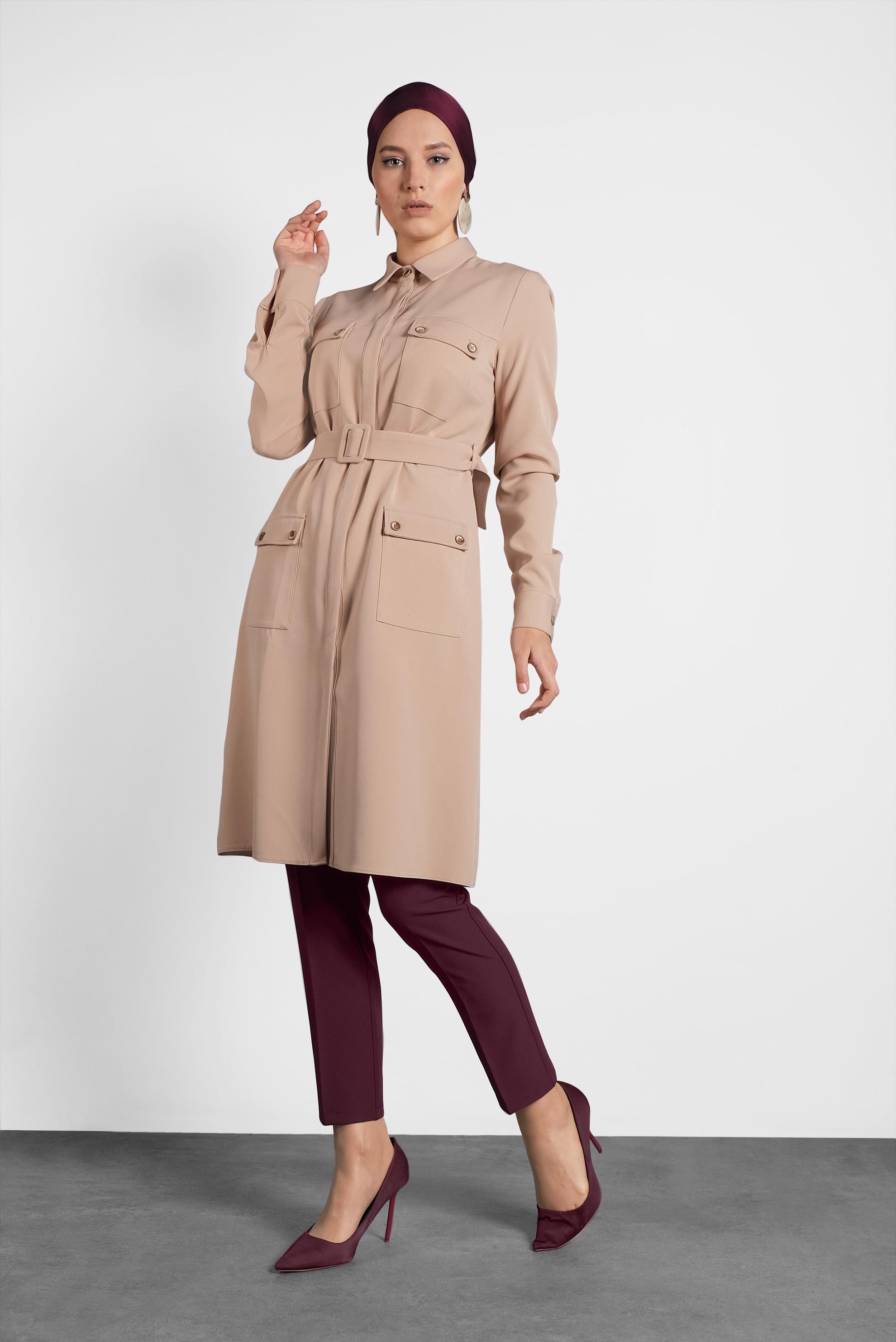 Tesettür giyim BEJ KEMERLİ CEPLİ TUNİK 40141 