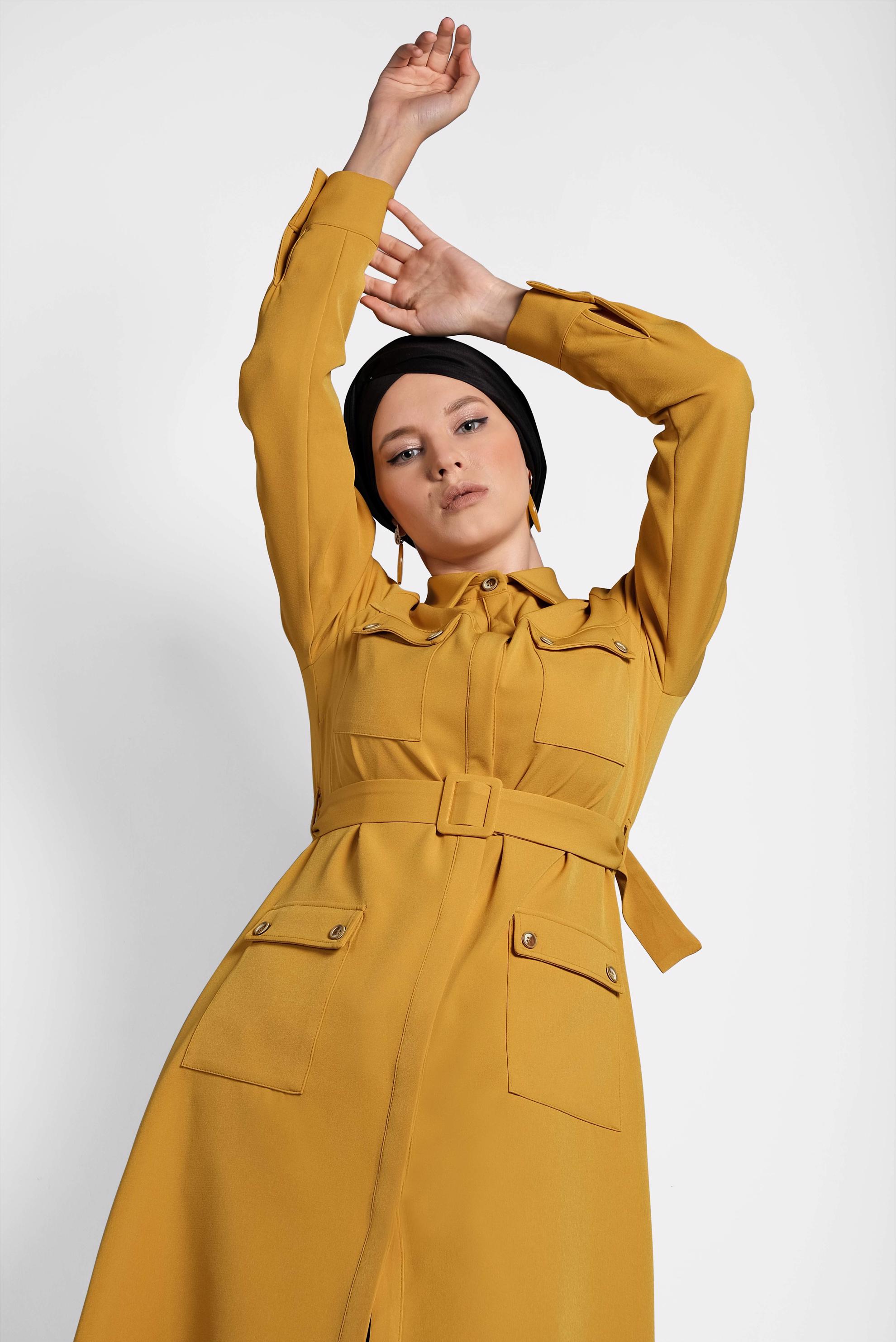 Tesettür giyim SARI KEMERLİ CEPLİ TUNİK 40141 