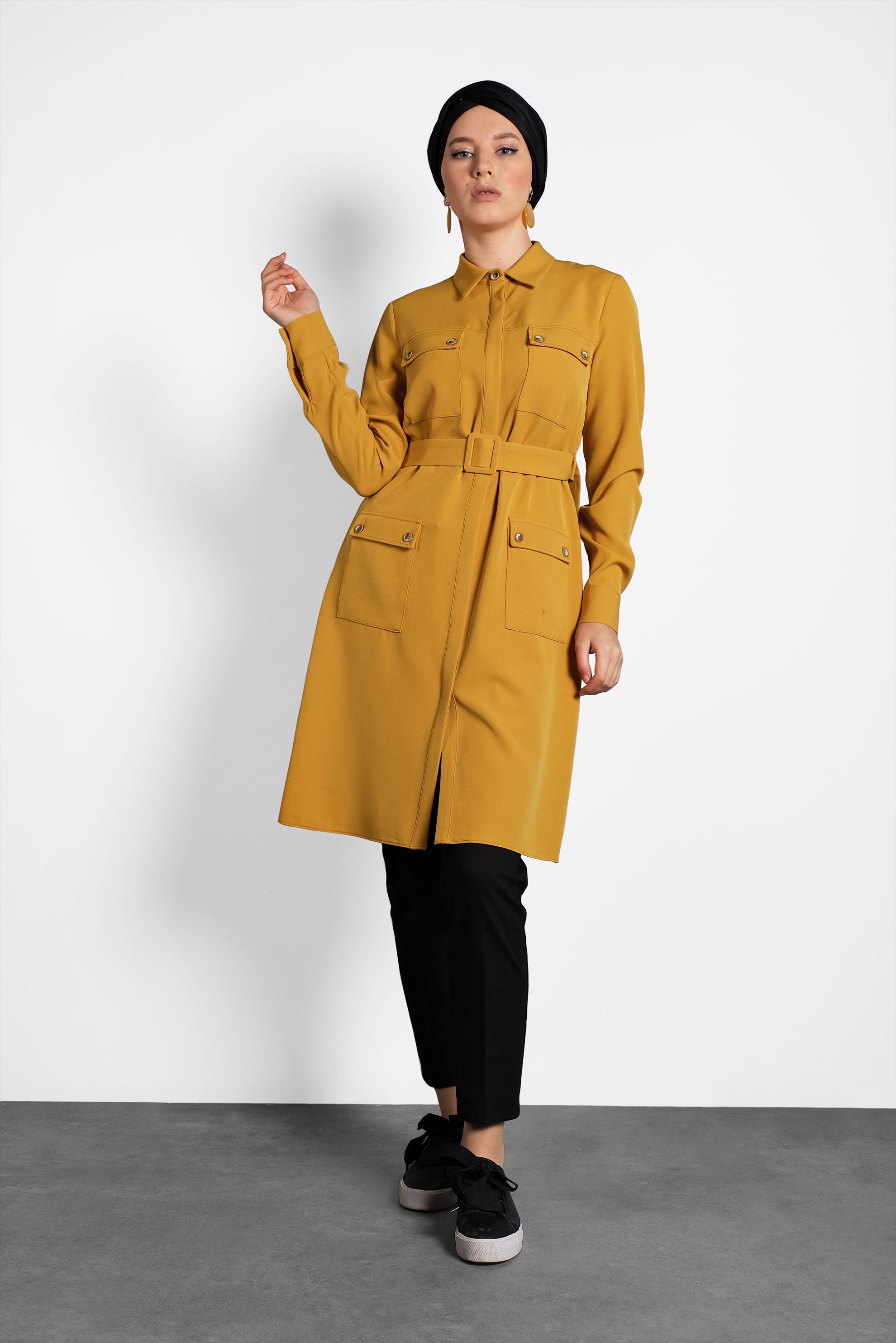 Tesettür giyim SARI KEMERLİ CEPLİ TUNİK 40141 