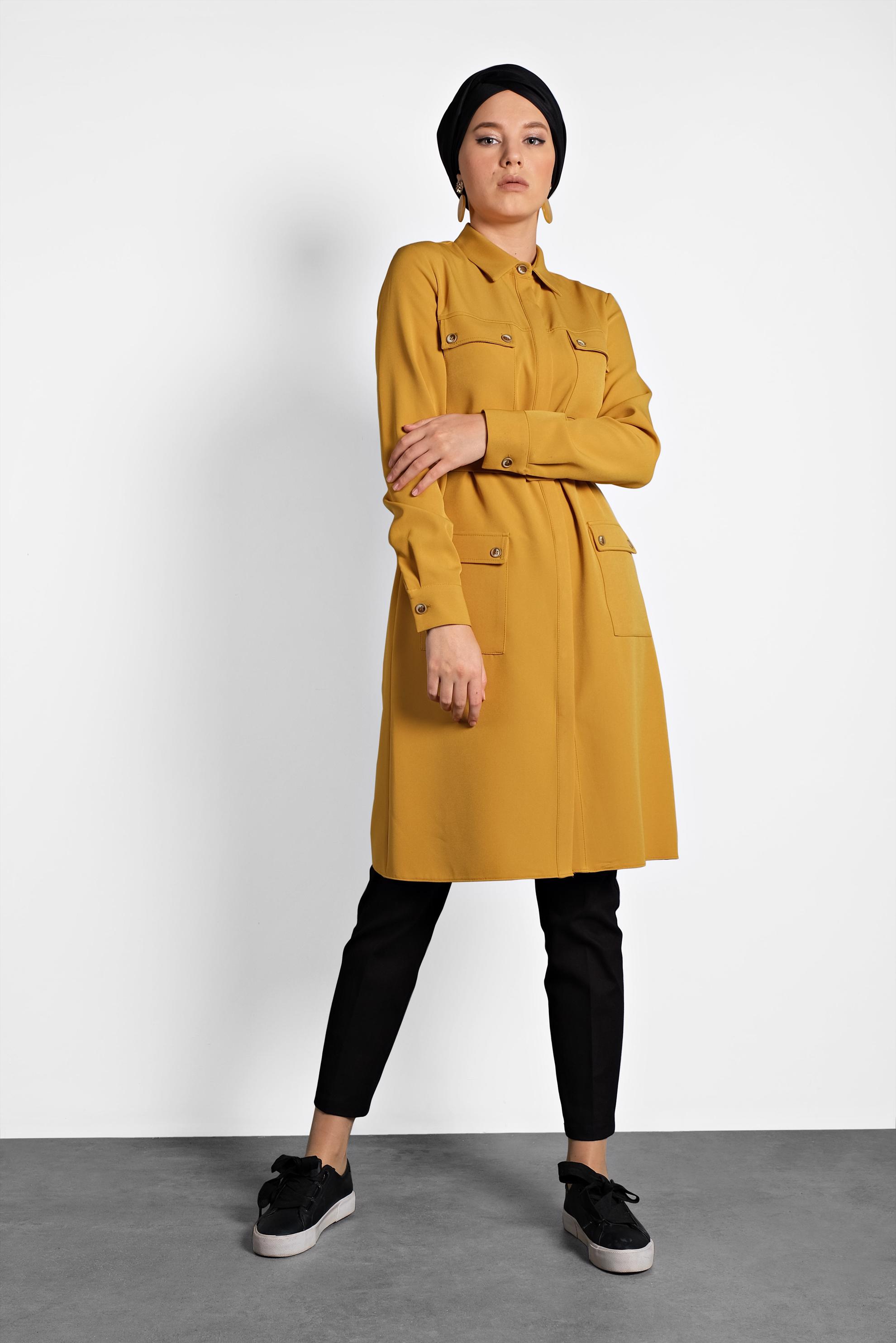 Tesettür giyim SARI KEMERLİ CEPLİ TUNİK 40141 