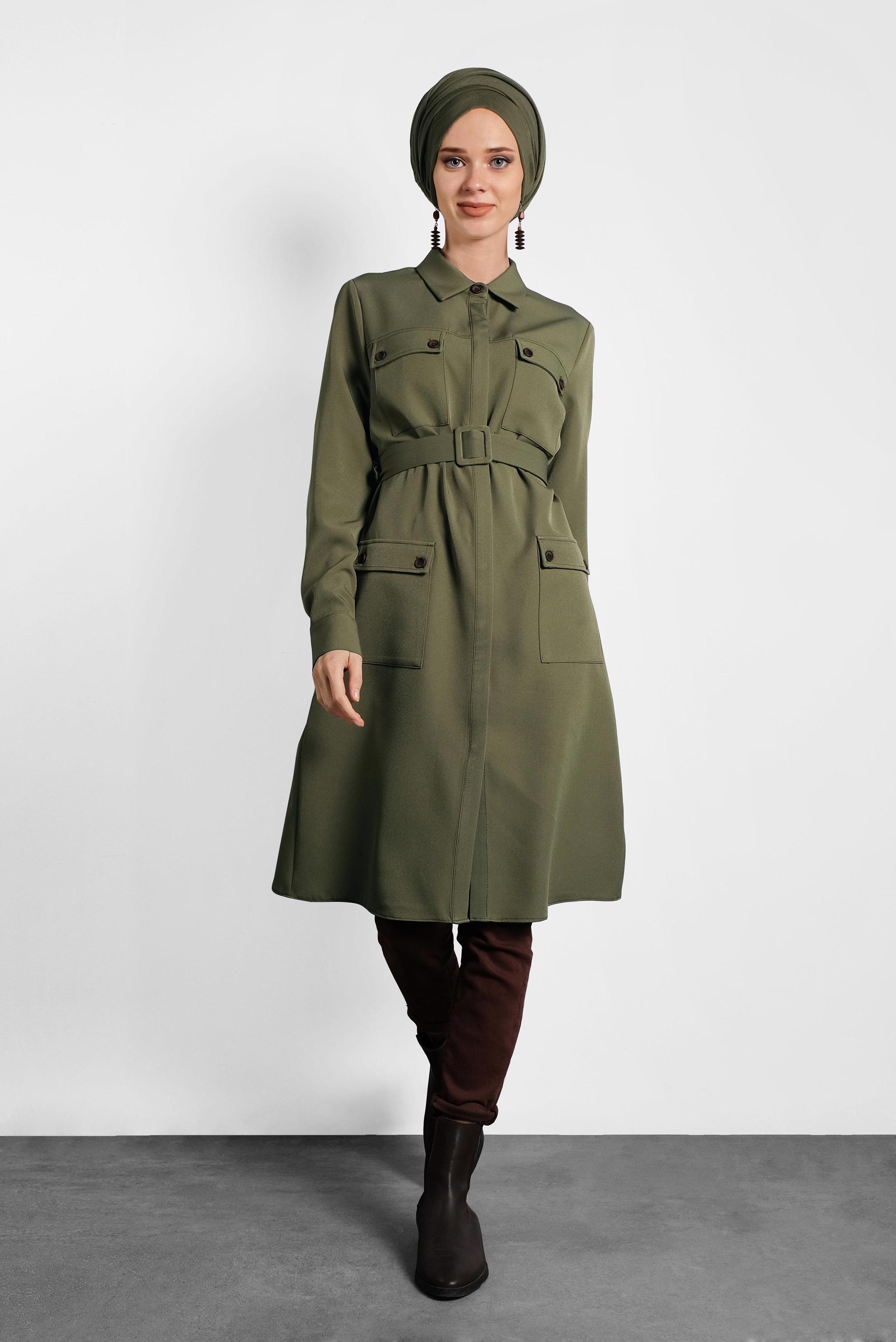 Tesettür giyim HAKİ KEMERLİ CEPLİ TUNİK 40141 