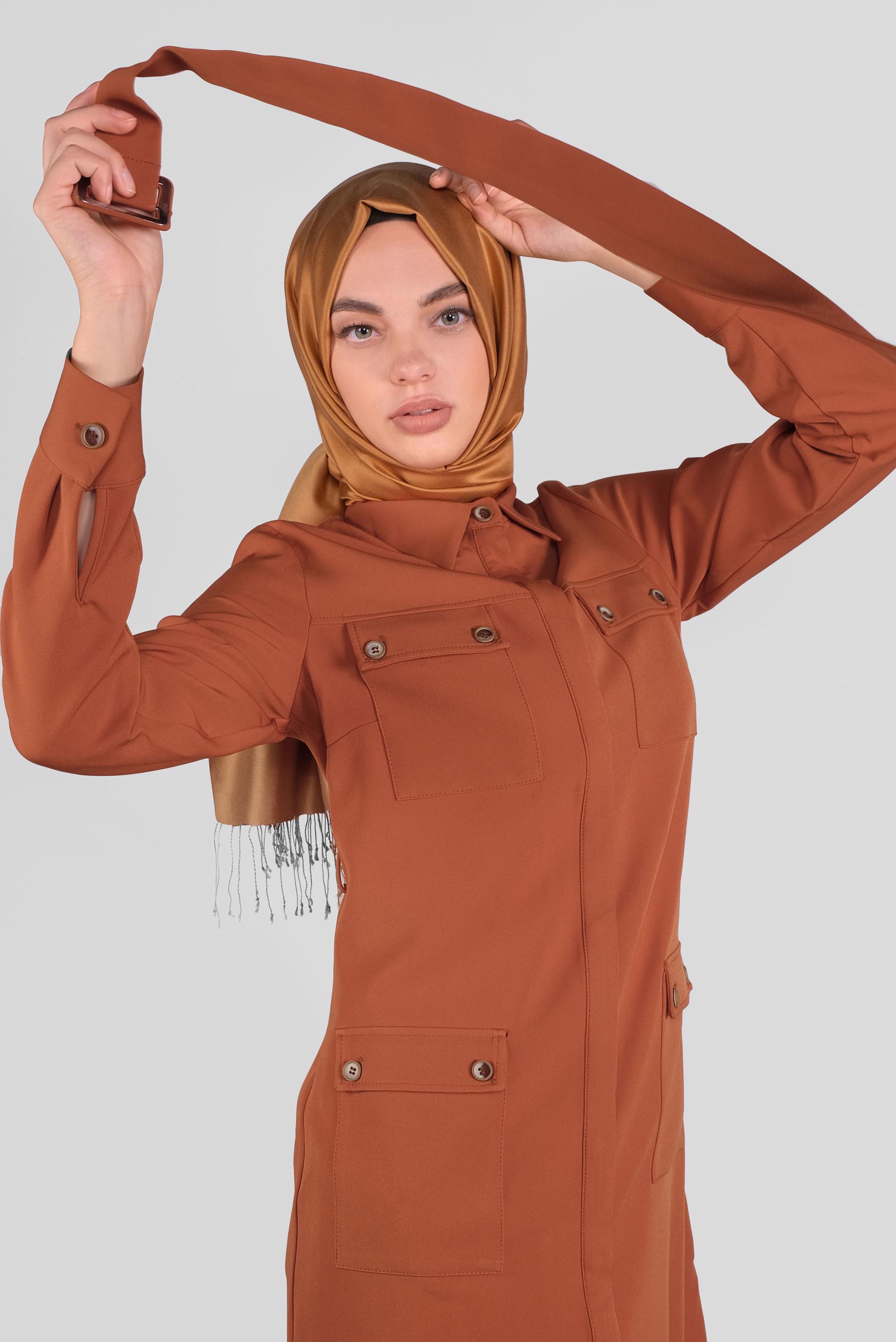 Tesettür giyim TURUNCU KEMERLİ CEPLİ TUNİK 40141 