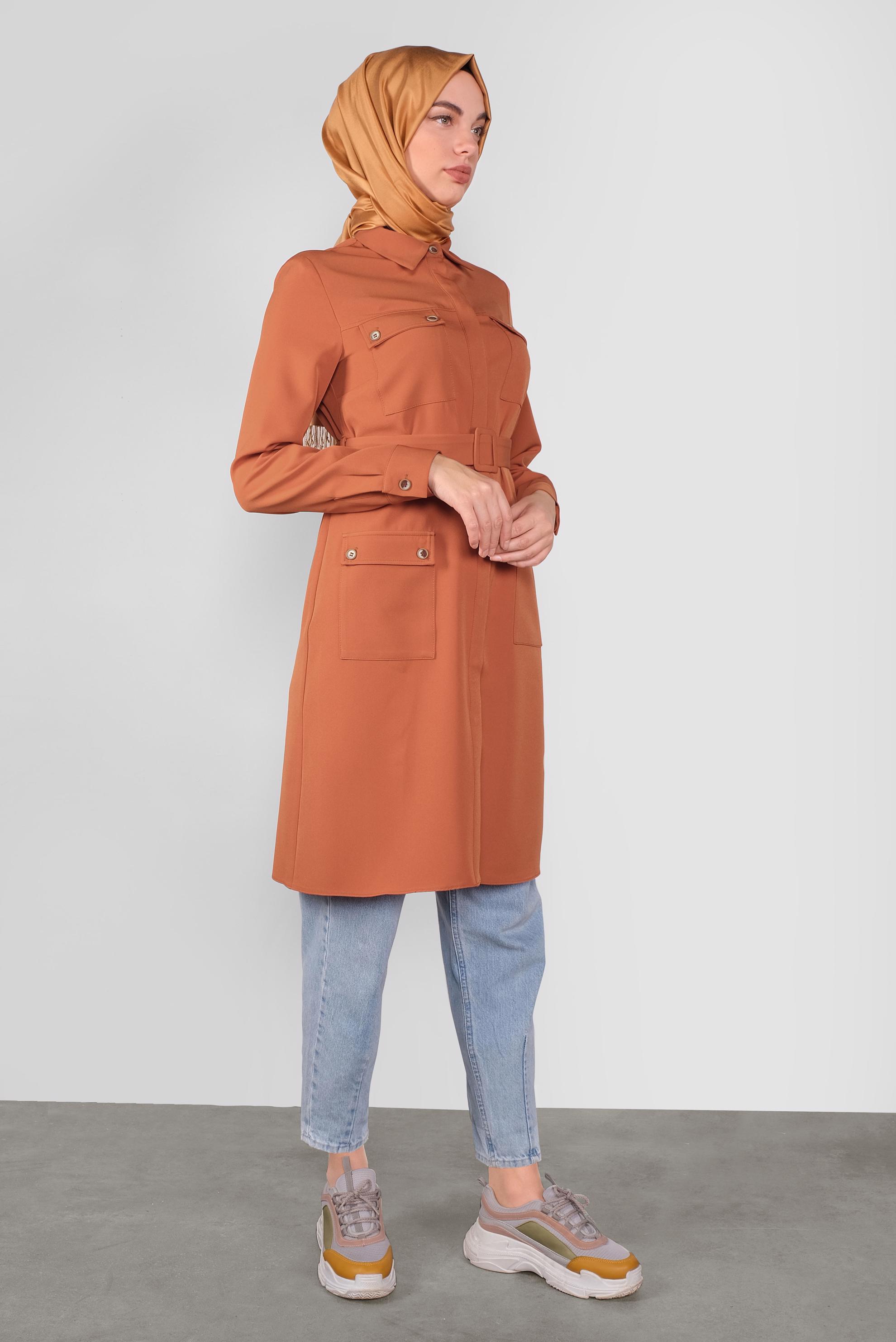 Tesettür giyim TURUNCU KEMERLİ CEPLİ TUNİK 40141 