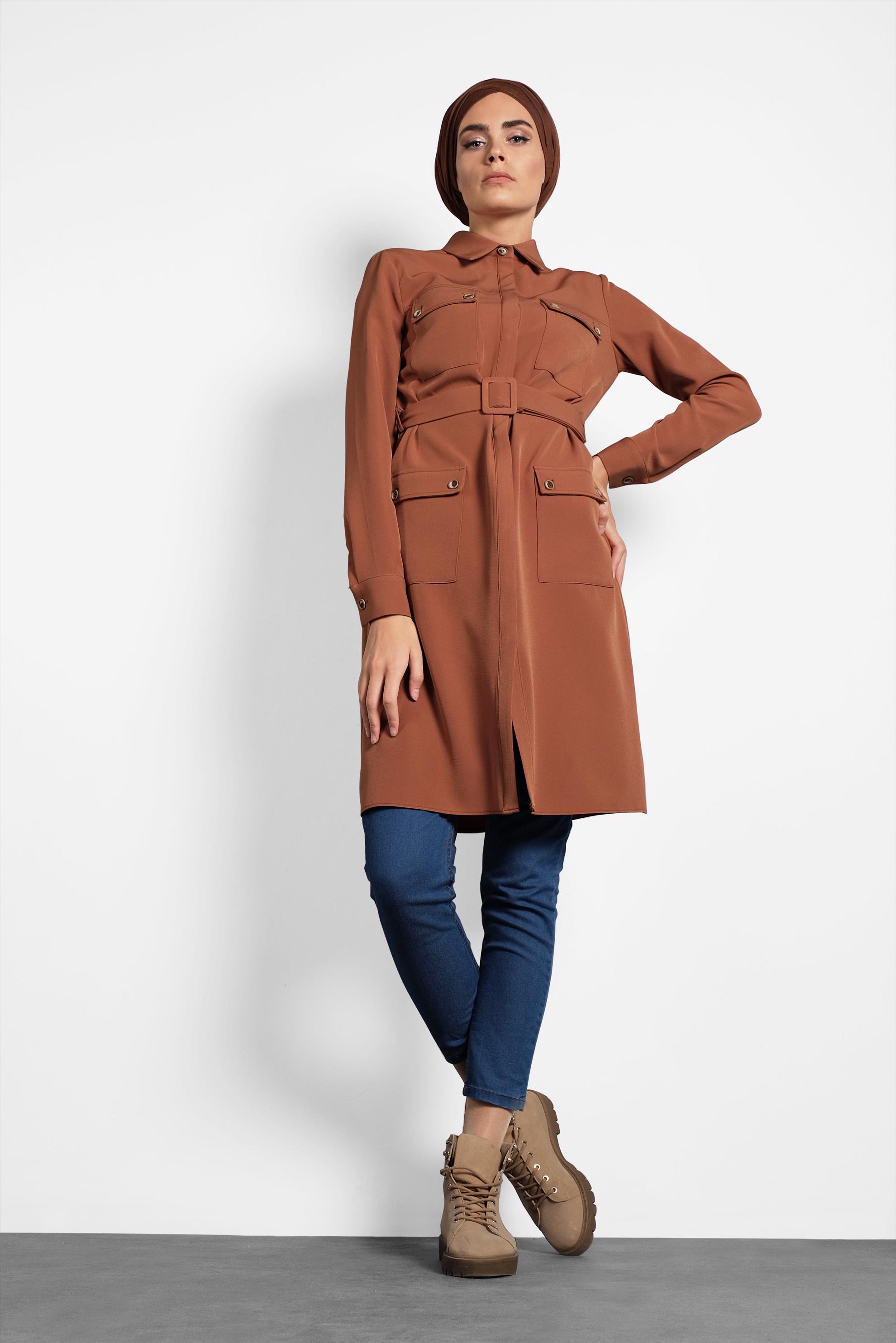 Tesettür giyim TABA KEMERLİ CEPLİ TUNİK 40141 