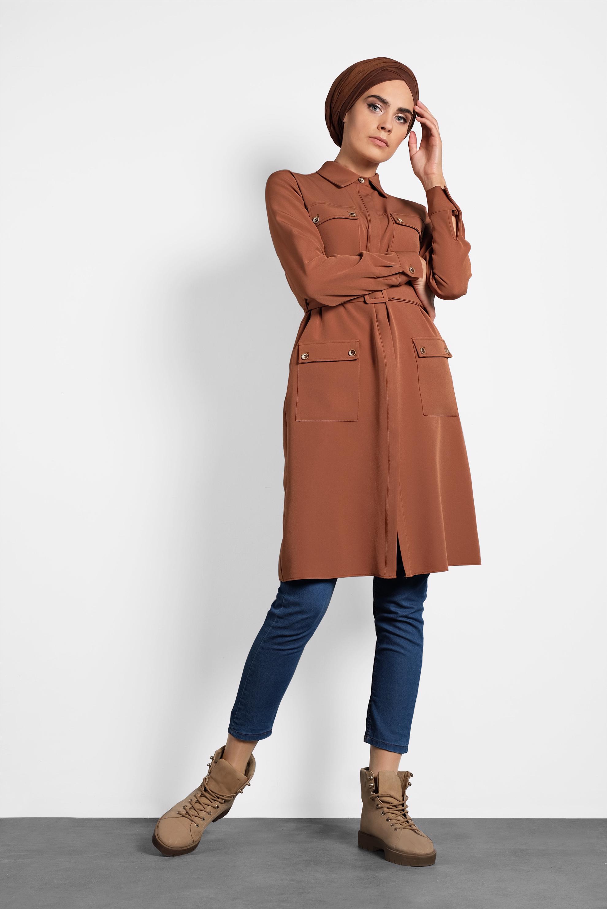 Tesettür giyim TABA KEMERLİ CEPLİ TUNİK 40141 