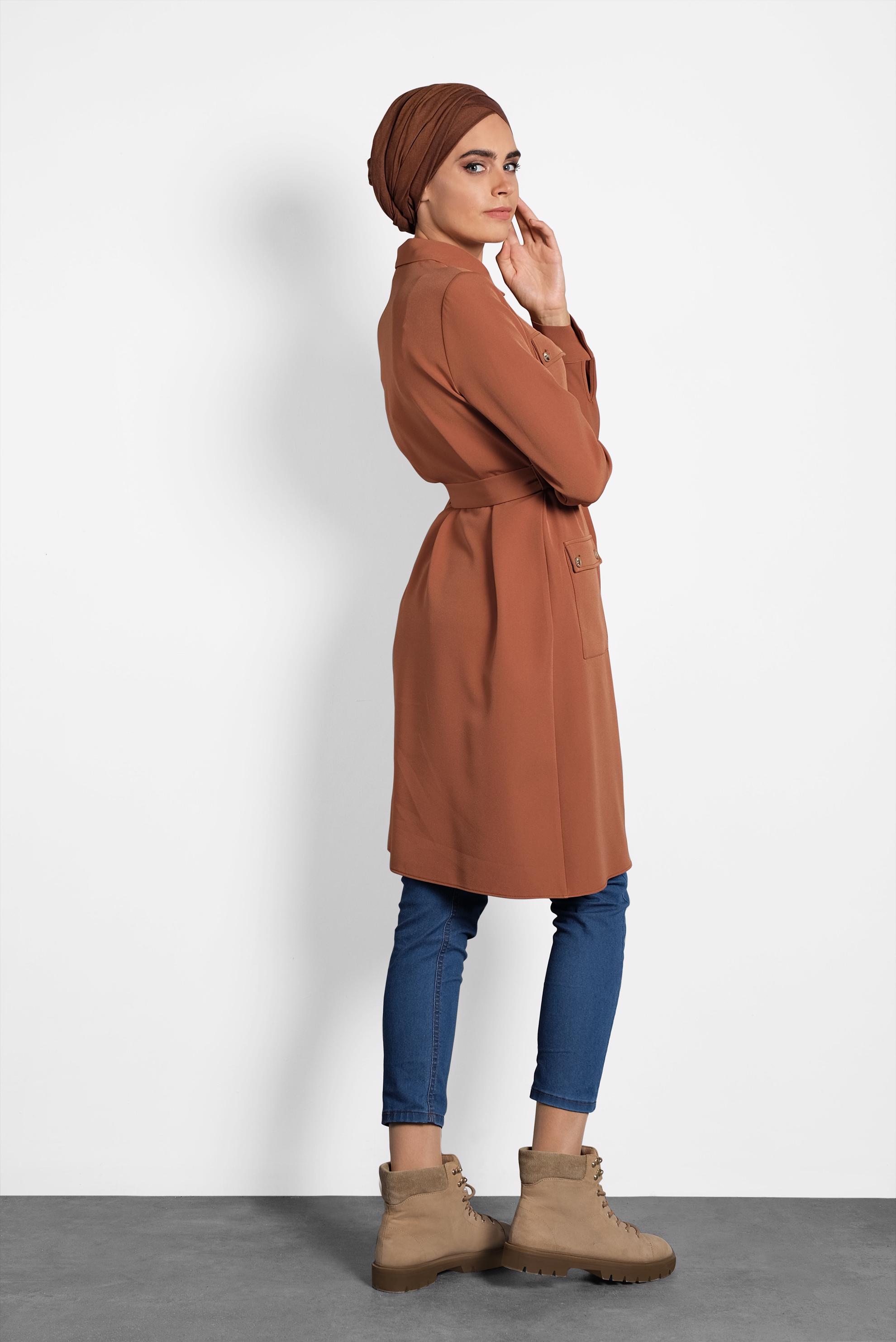 Tesettür giyim TABA KEMERLİ CEPLİ TUNİK 40141 