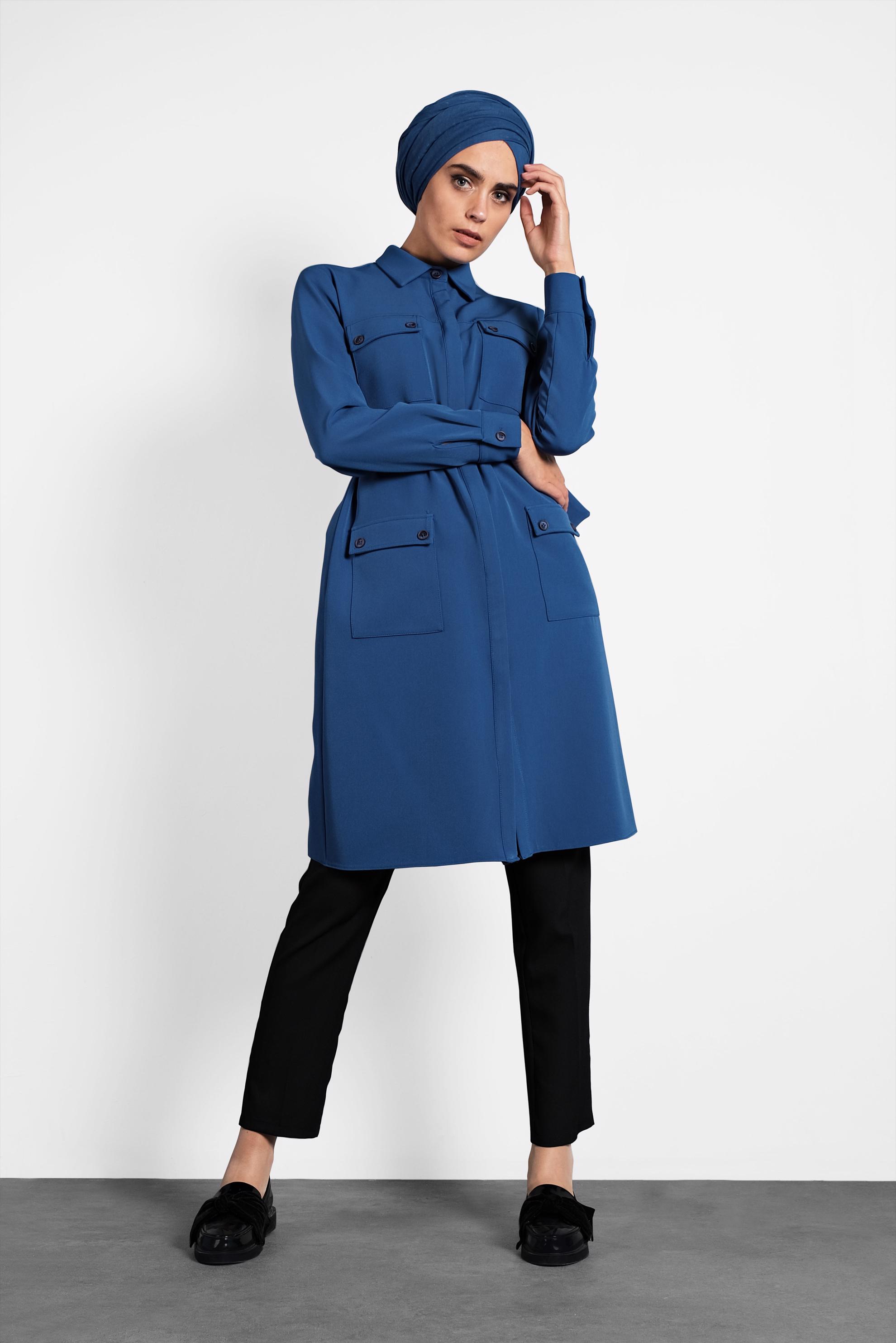 Tesettür giyim LACİVERT KEMERLİ CEPLİ TUNİK 40141 