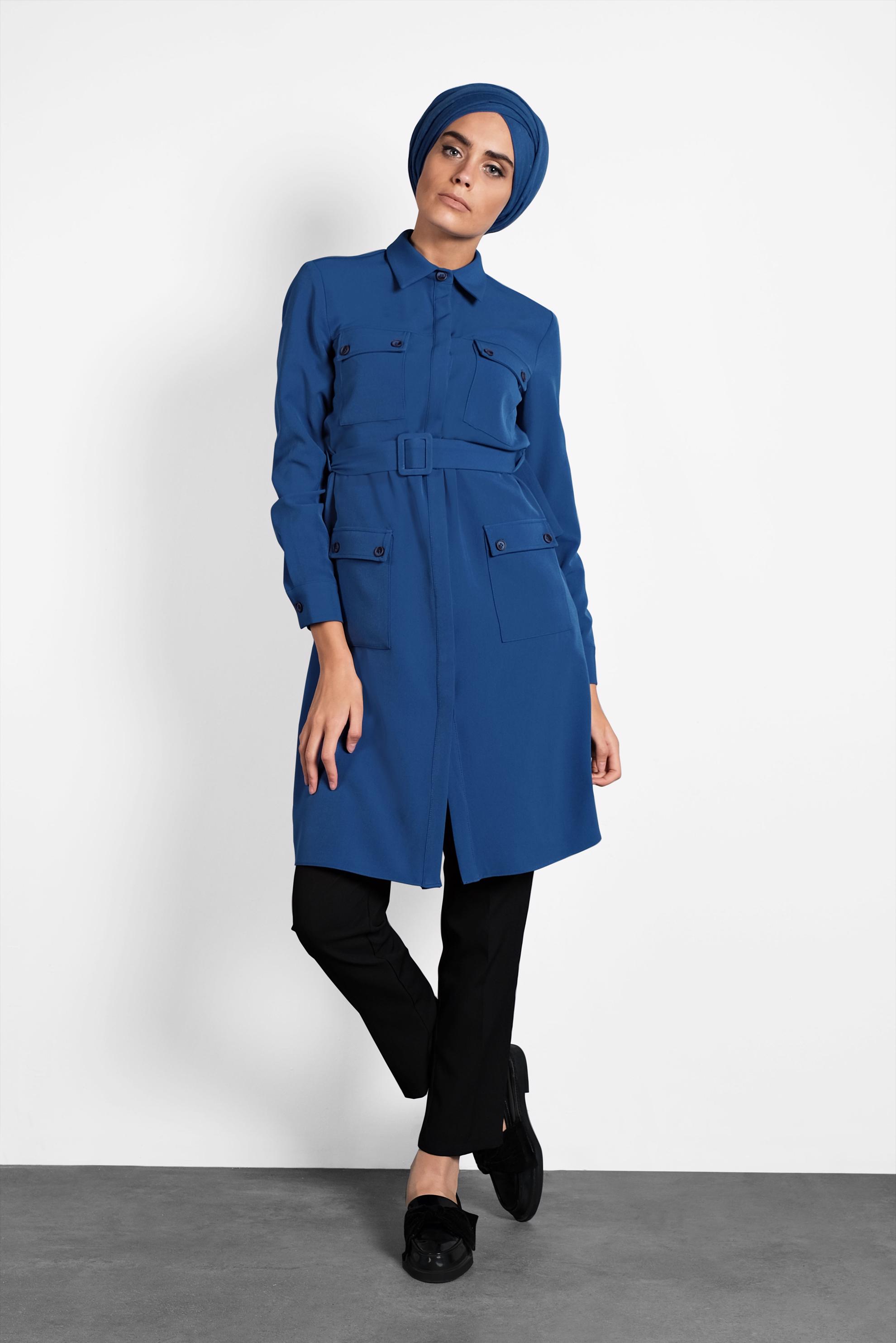 Tesettür giyim LACİVERT KEMERLİ CEPLİ TUNİK 40141 