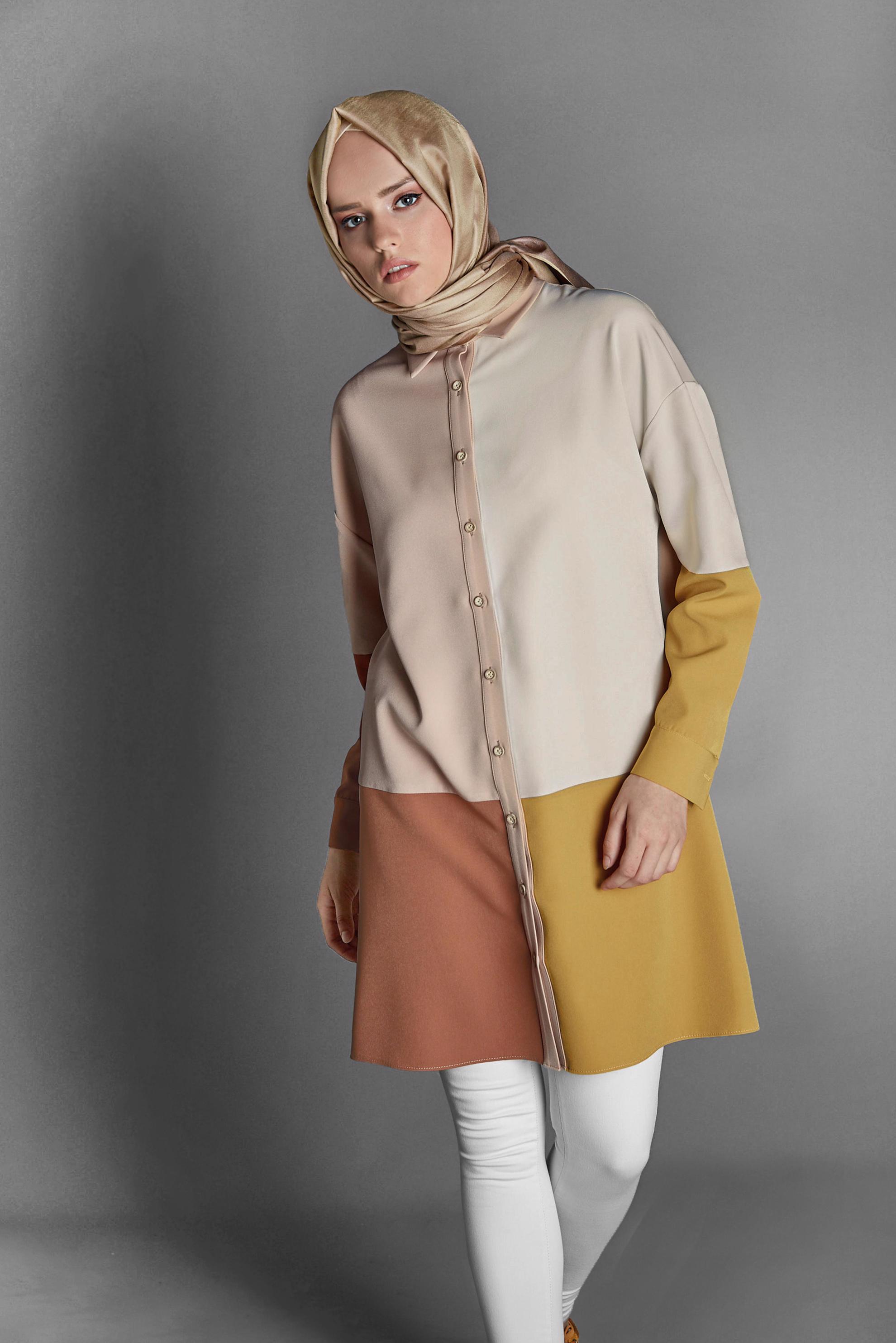 Tesettür giyim BEJ GÖMLEK YAKA DÜĞMELİ TUNİK 40147 