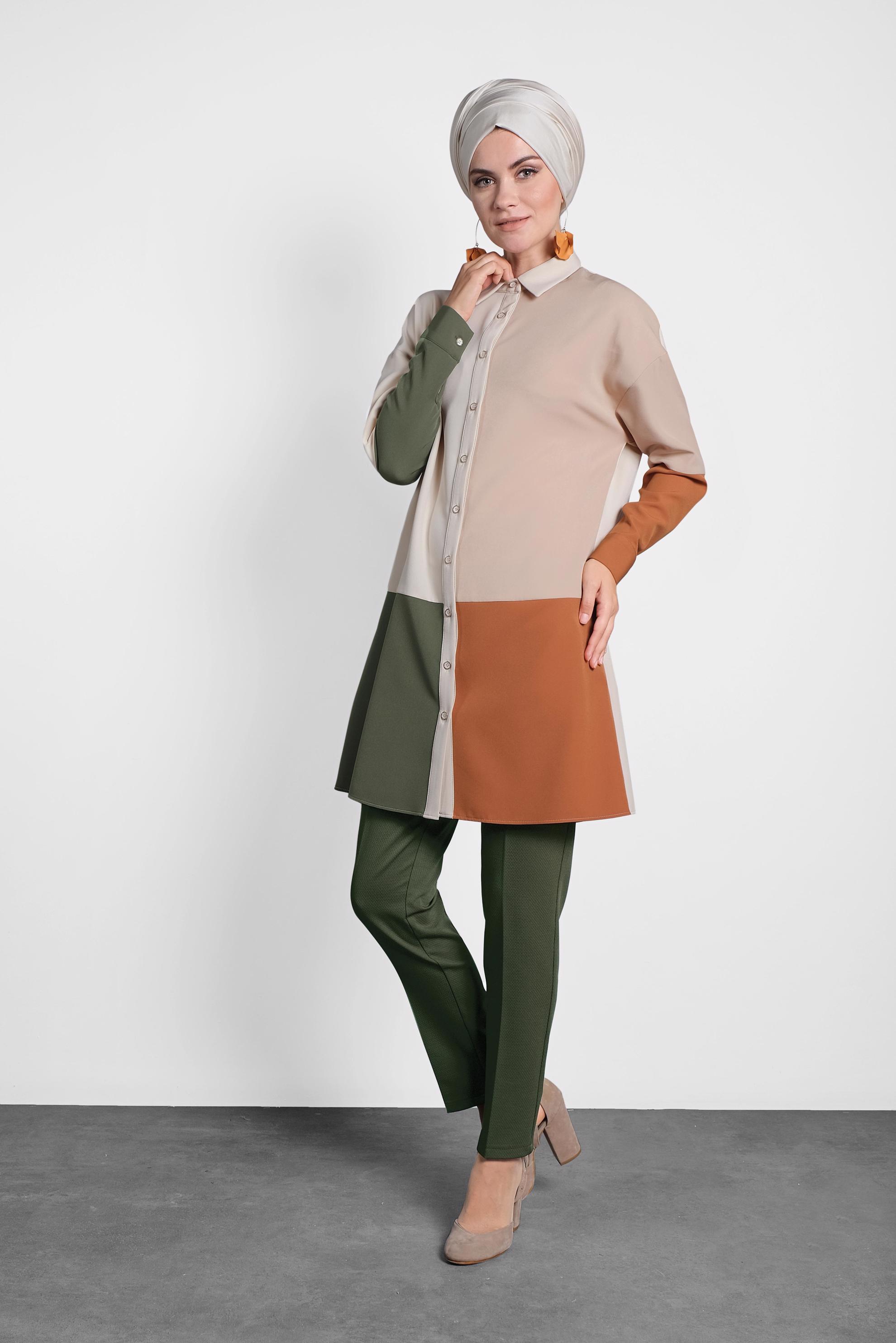 Tesettür giyim BEJ GÖMLEK YAKA DÜĞMELİ TUNİK 40147 