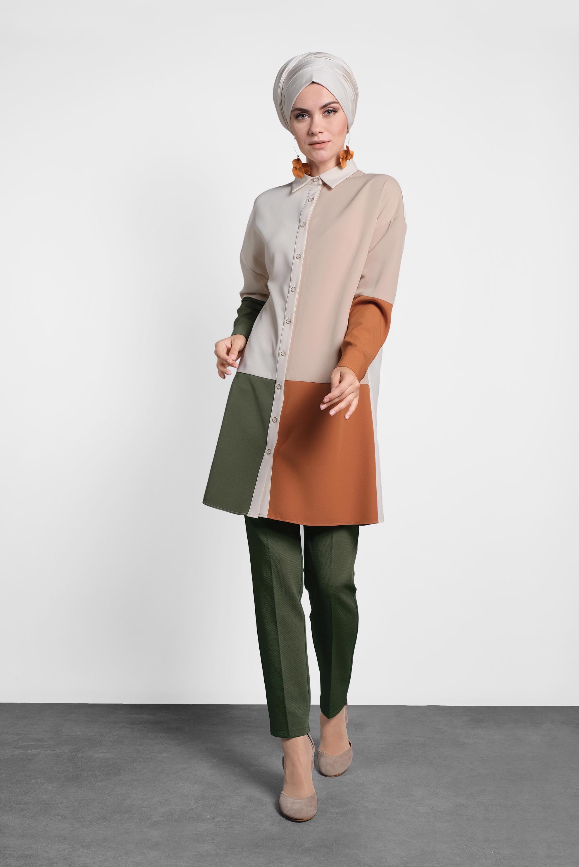 Tesettür giyim BEJ GÖMLEK YAKA DÜĞMELİ TUNİK 40147 