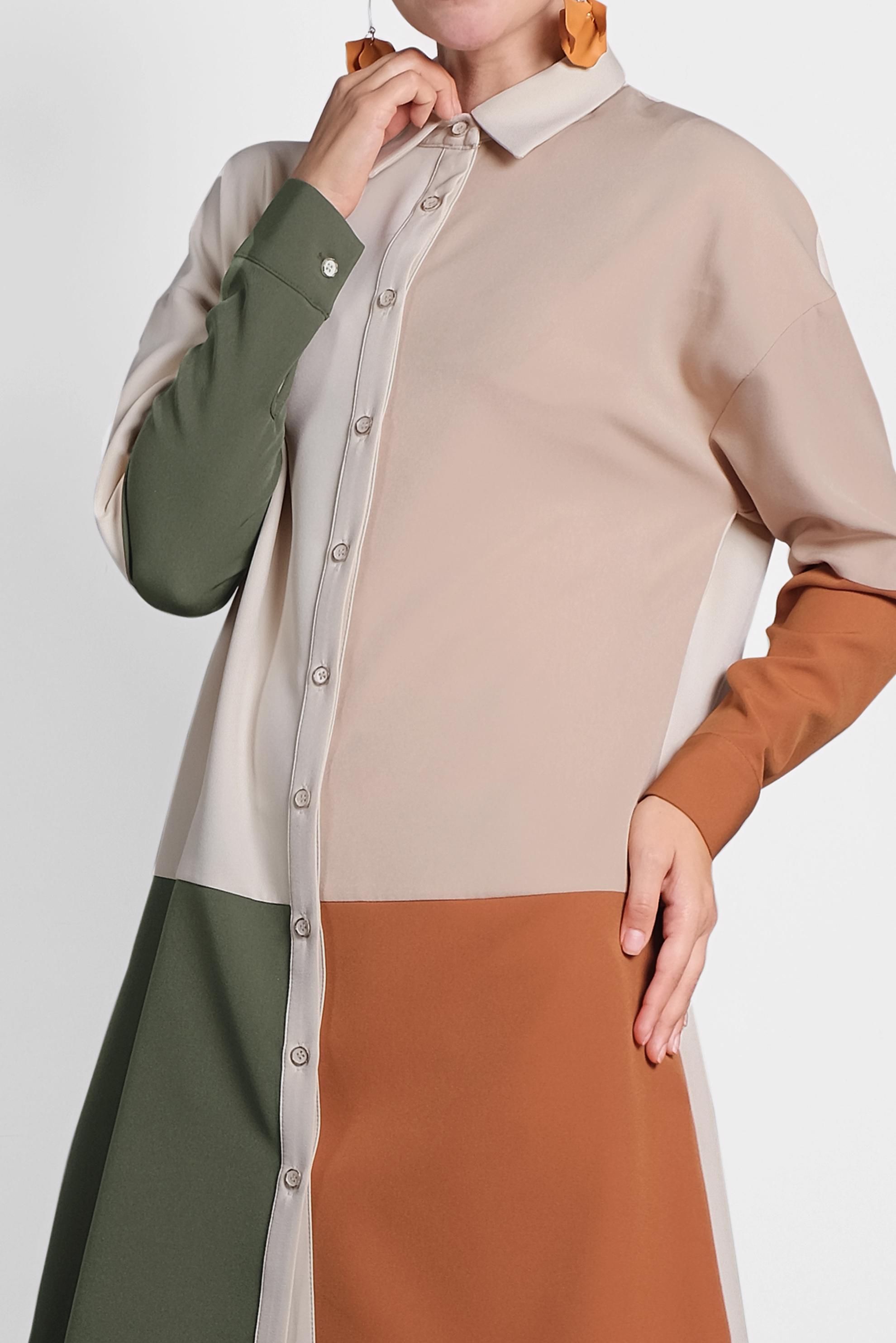 Tesettür giyim BEJ GÖMLEK YAKA DÜĞMELİ TUNİK 40147 