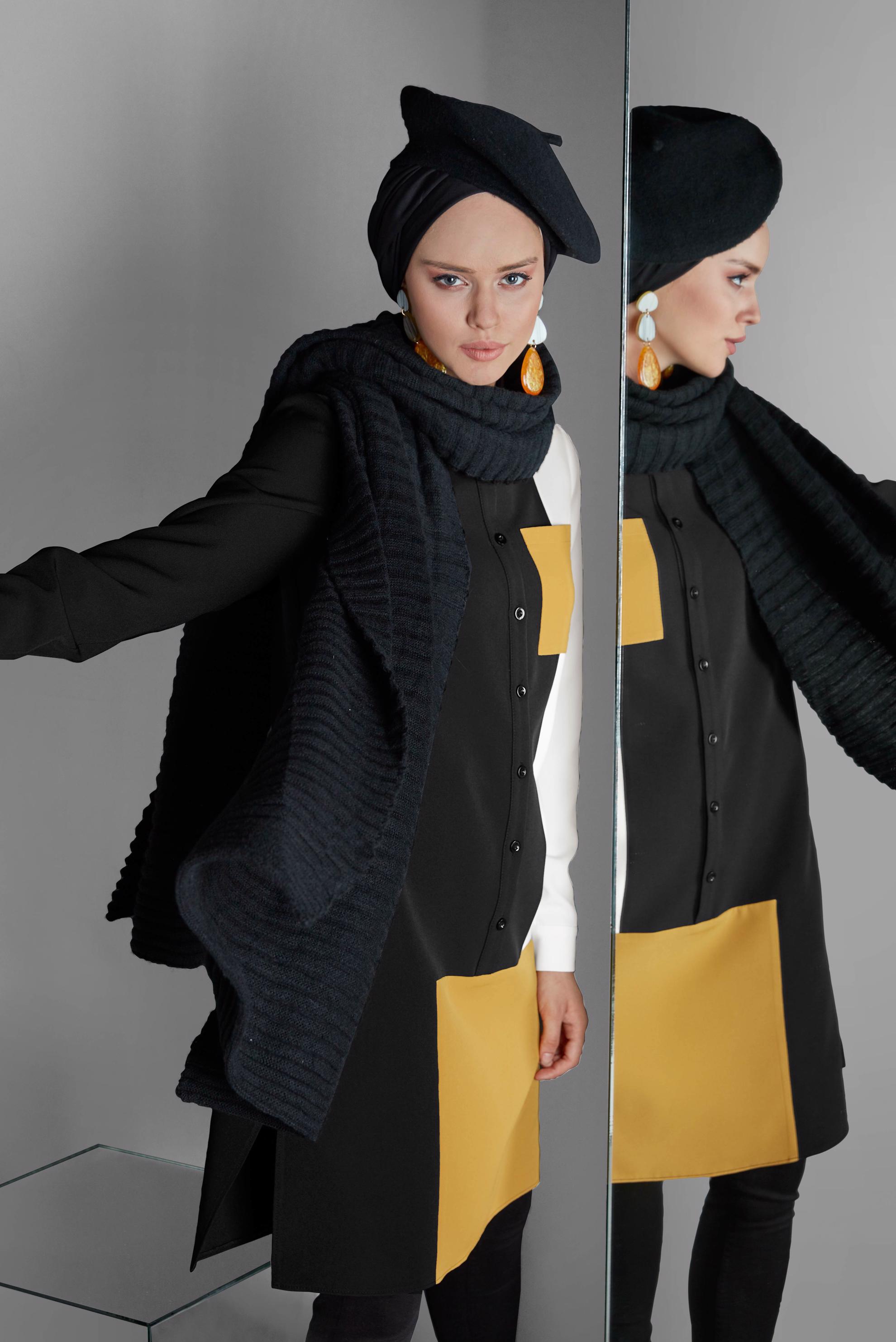 Tesettür giyim SİYAH DÜĞMELİ CEPLİ TUNİK 40148 