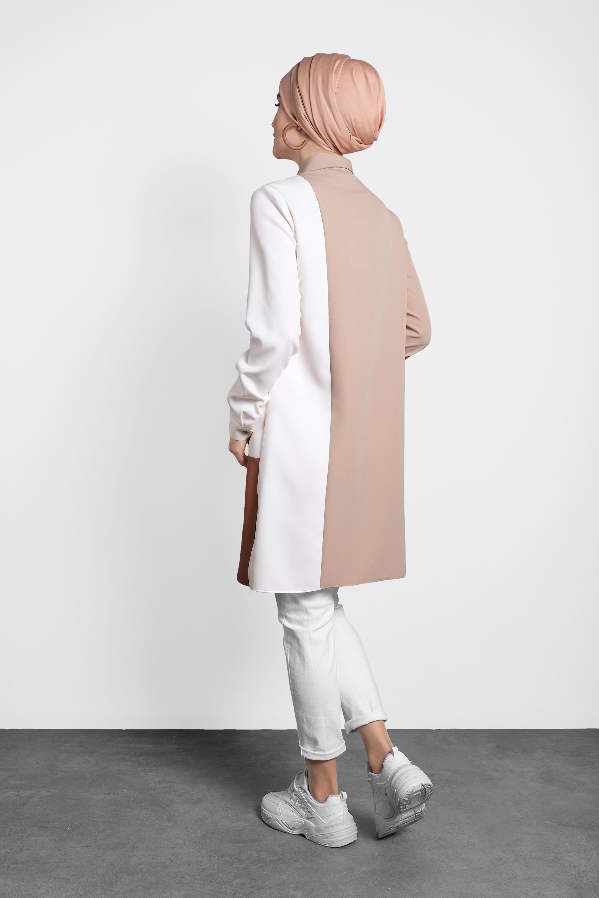 Tesettür giyim BEJ DÜĞMELİ CEPLİ TUNİK 40148 