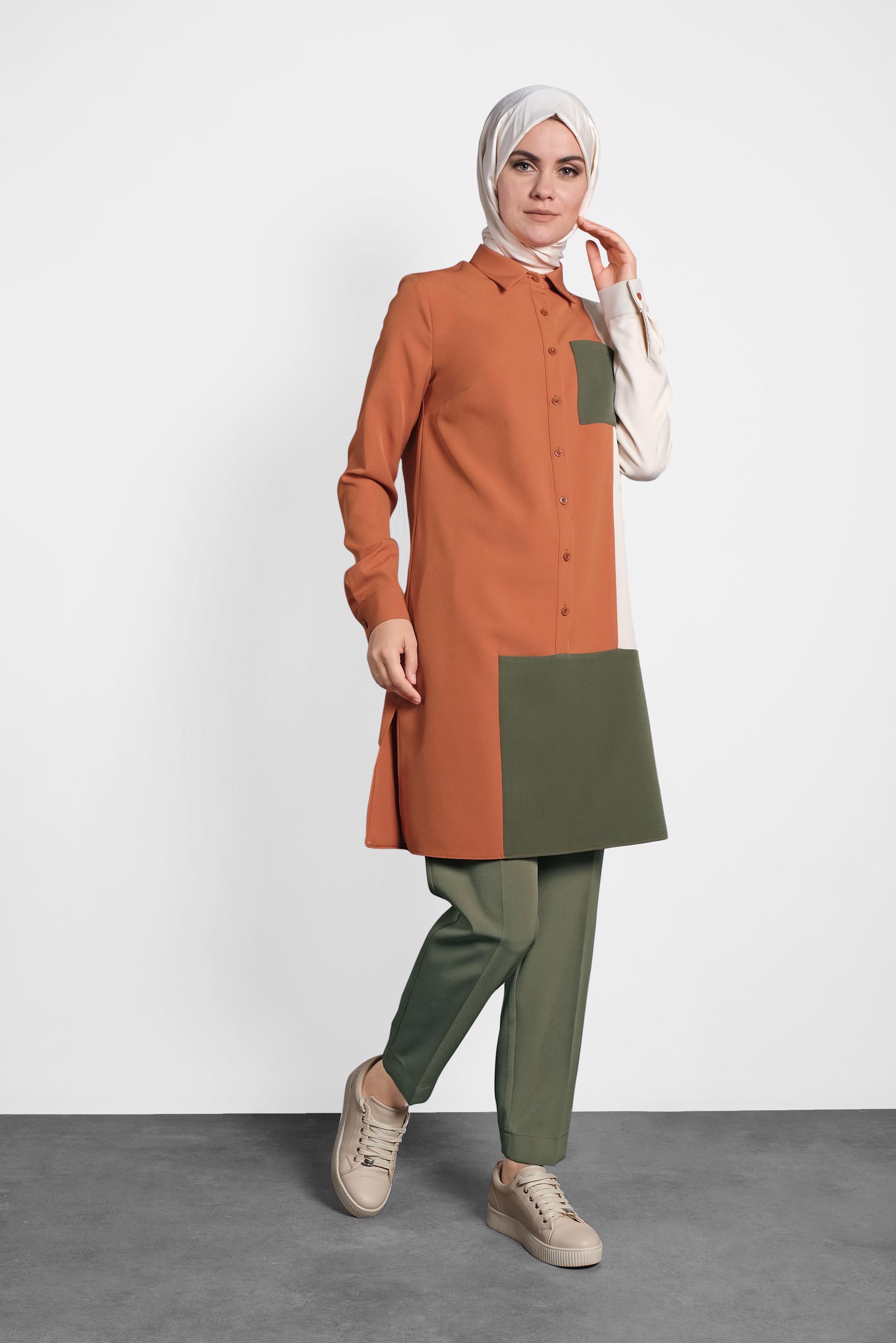 Tesettür giyim TURUNCU DÜĞMELİ CEPLİ TUNİK 40148 
