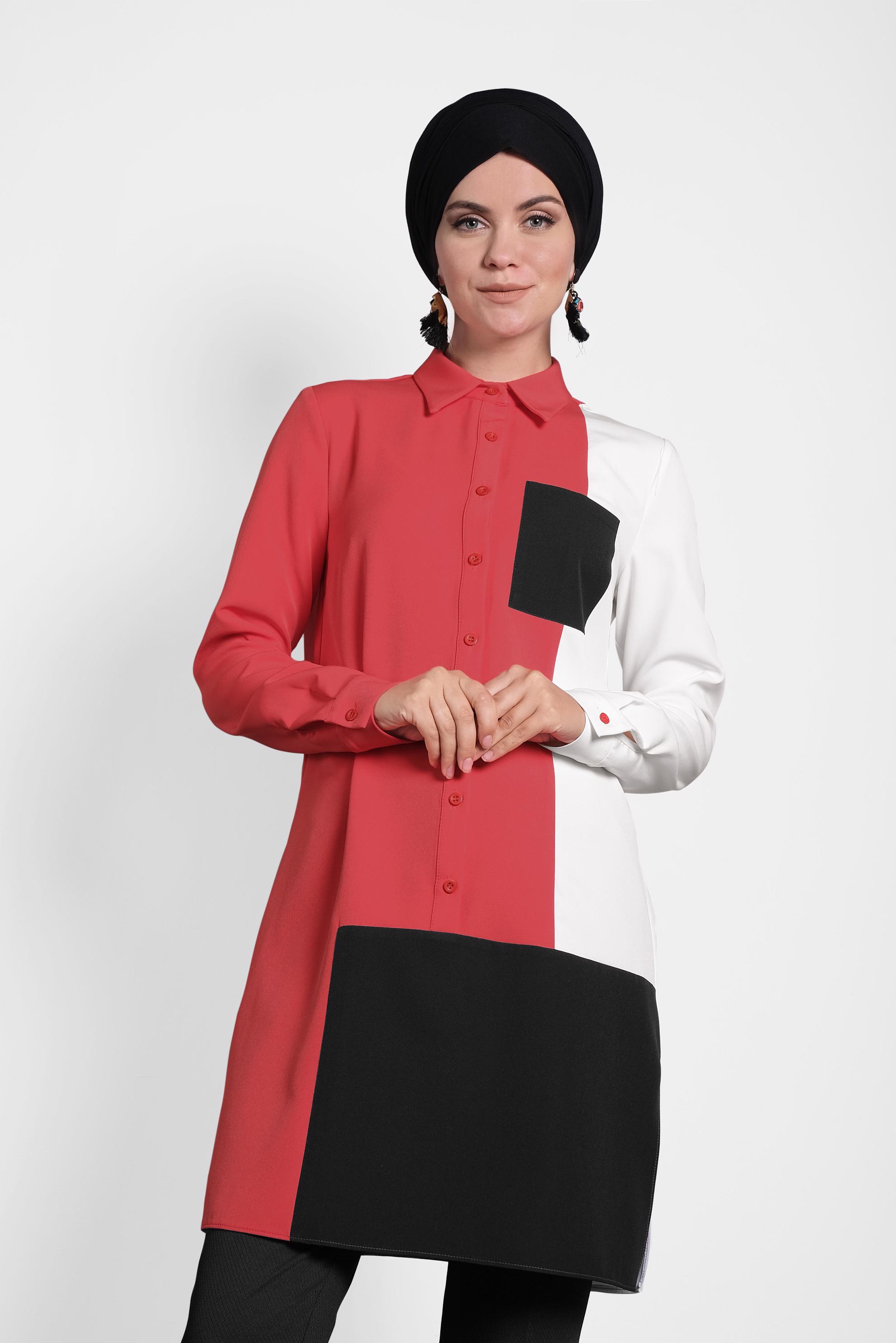 Tesettür giyim KIRMIZI DÜĞMELİ CEPLİ TUNİK 40148 