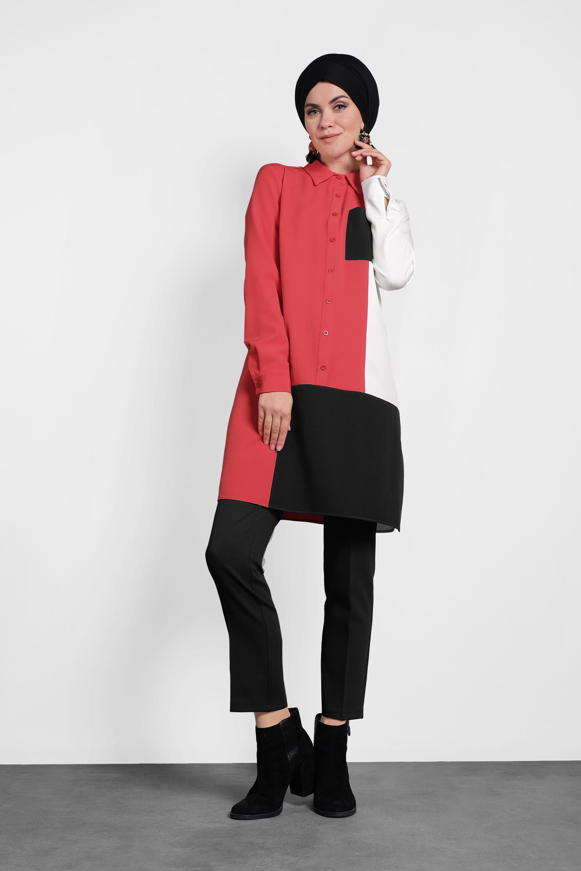 Tesettür giyim KIRMIZI DÜĞMELİ CEPLİ TUNİK 40148 